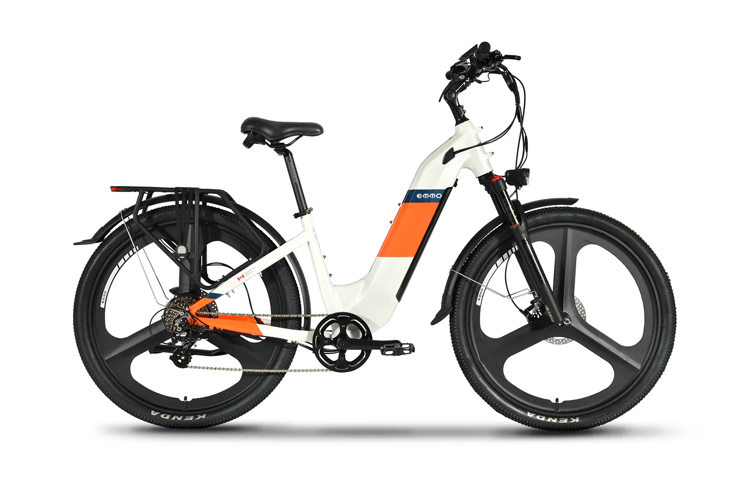 Emmo Pulse Pro electric bike ivory and orange with step-through frame and black wheels