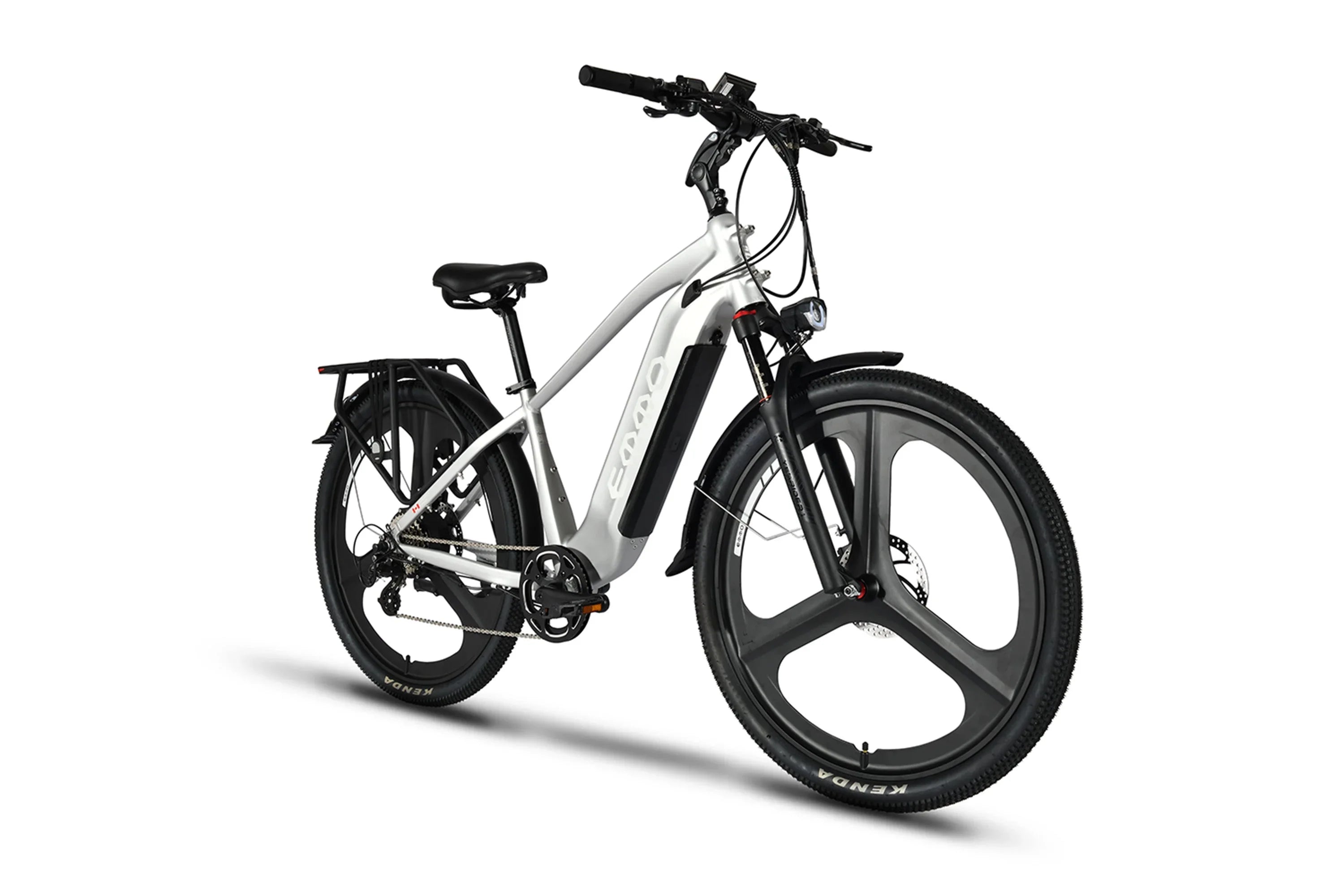 Emmo Spurt Pro electric bike with silver frame, black wheels, and rear rack on white background