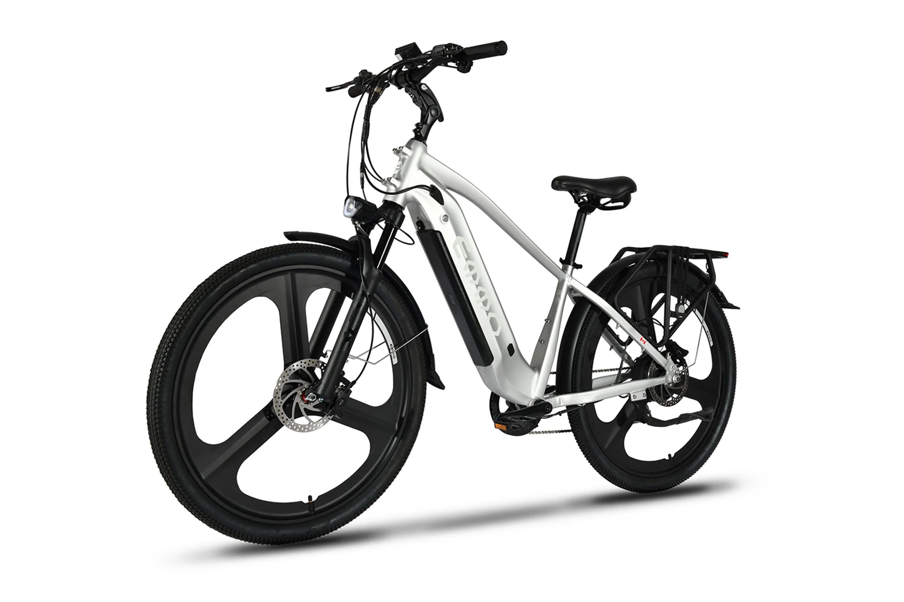 Emmo Spurt Pro electric bike with white frame, thick tires, and rear cargo rack on white background