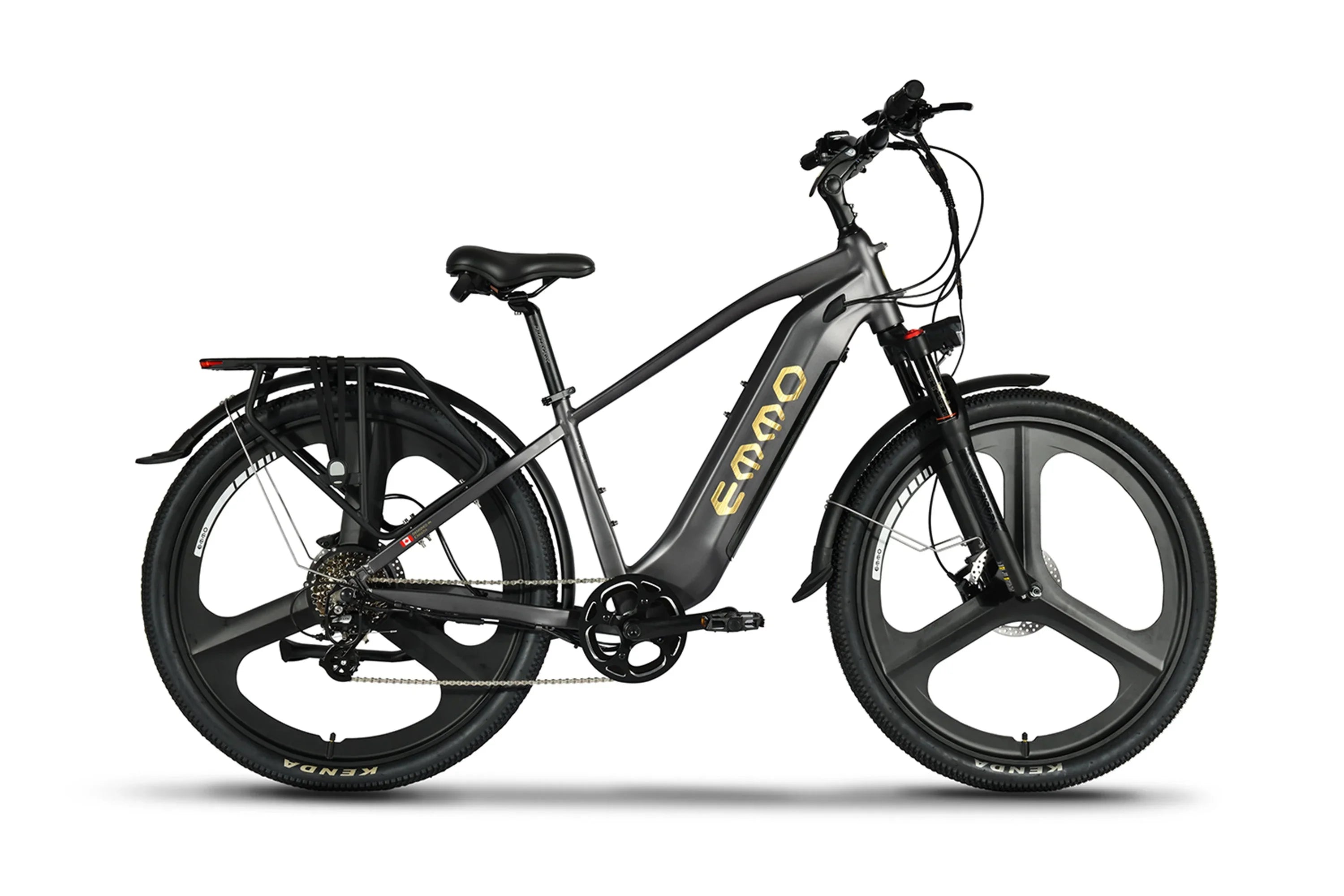 Emmo Spurt Pro electric bike with black frame, mag wheels, and rear cargo rack