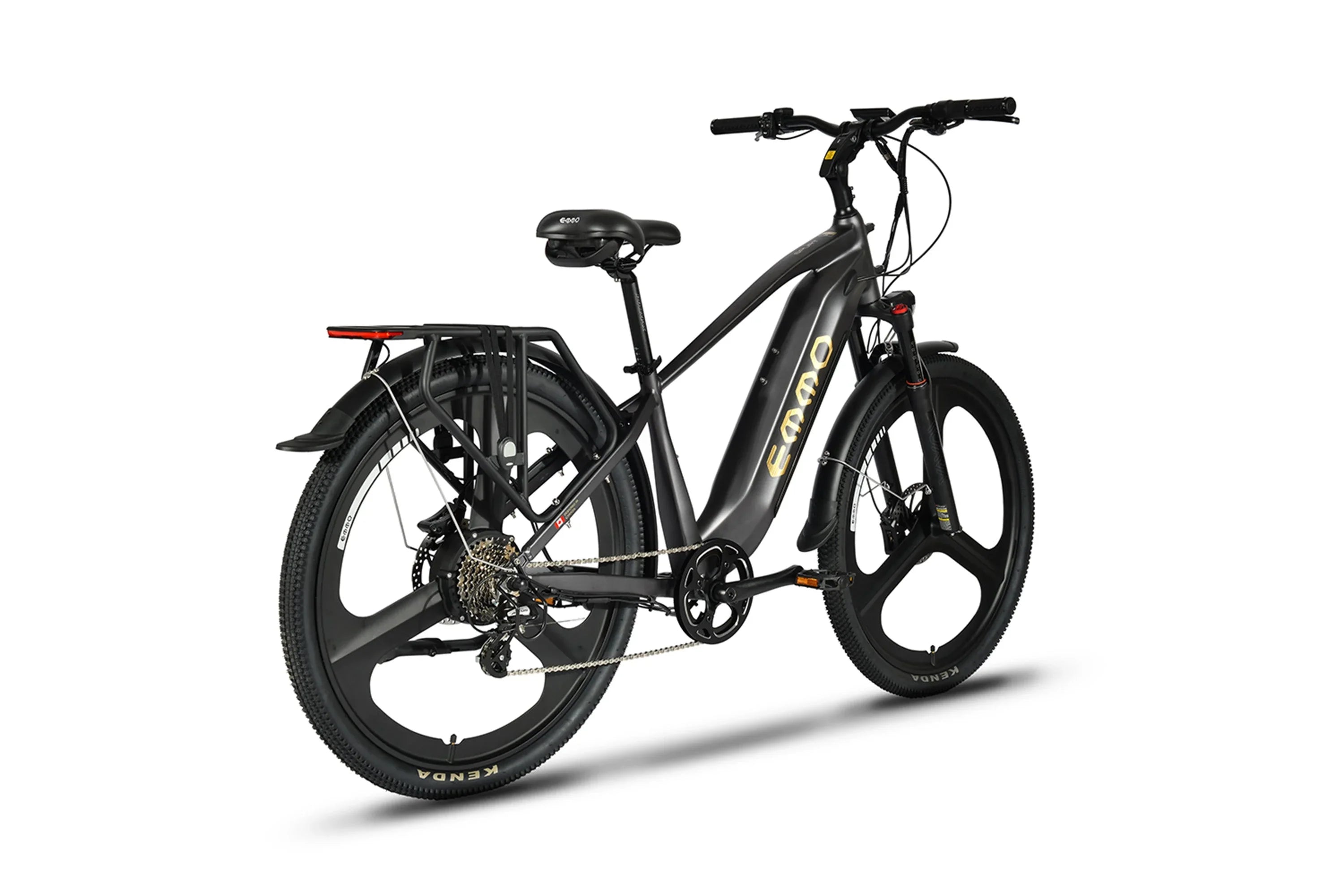 Emmo Spurt Pro black electric bike with rear rack and thick Kenda tires on white background