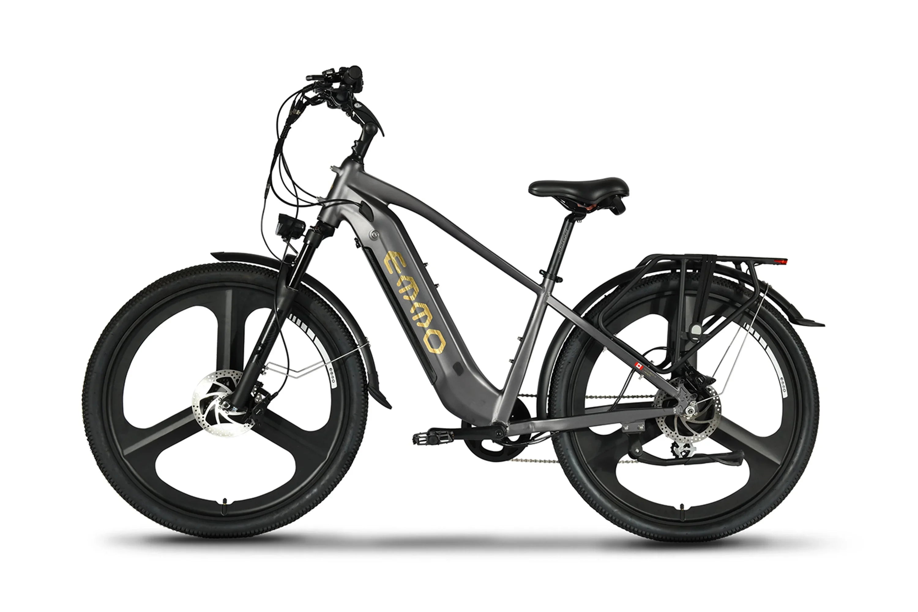 Emmo Spurt Pro e-bike with black frame, thick tires, and rear cargo rack on white background