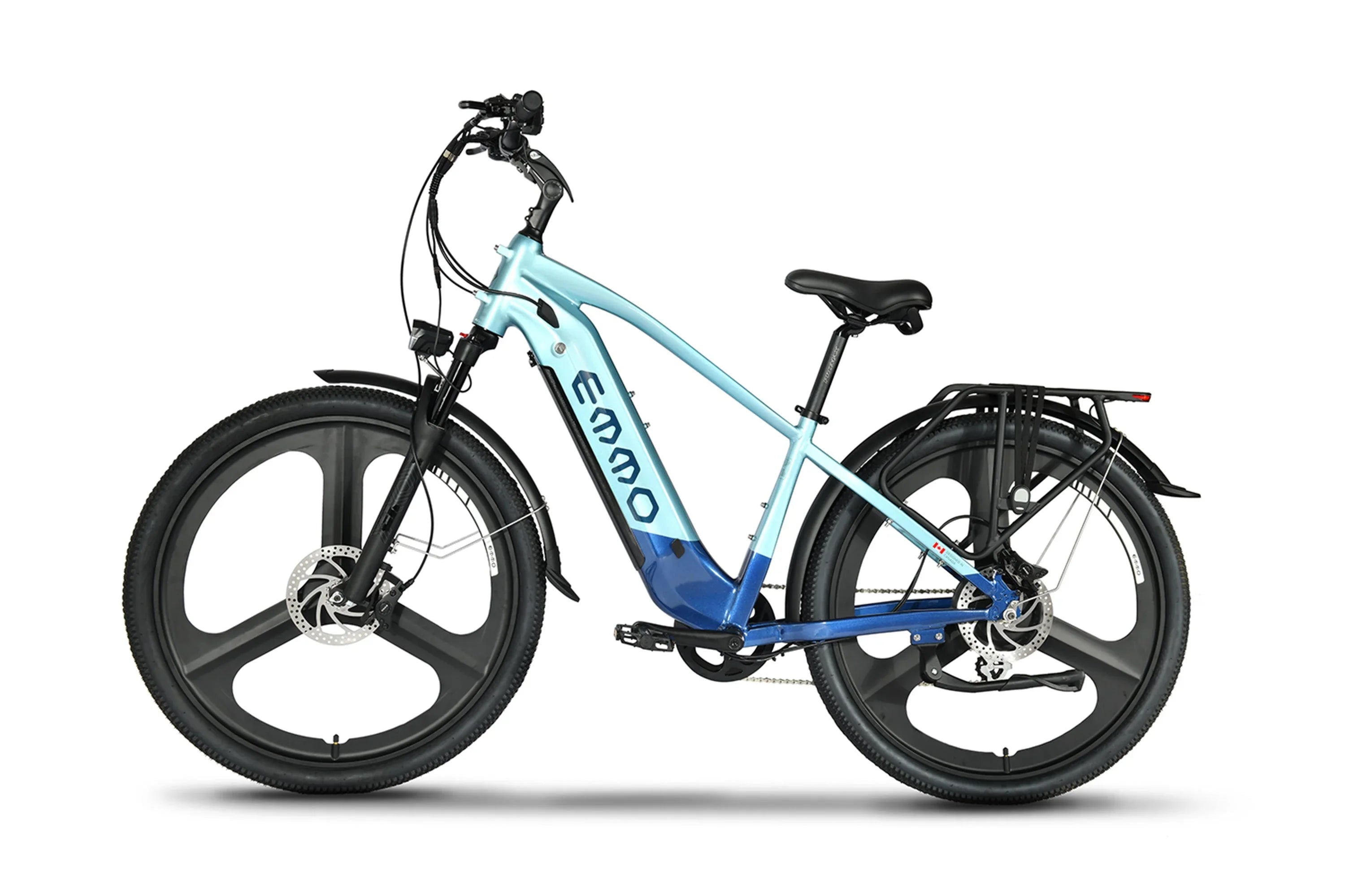 Emmo Spurt Pro ebike with blue frame, large mag wheels, and rear rack on white background
