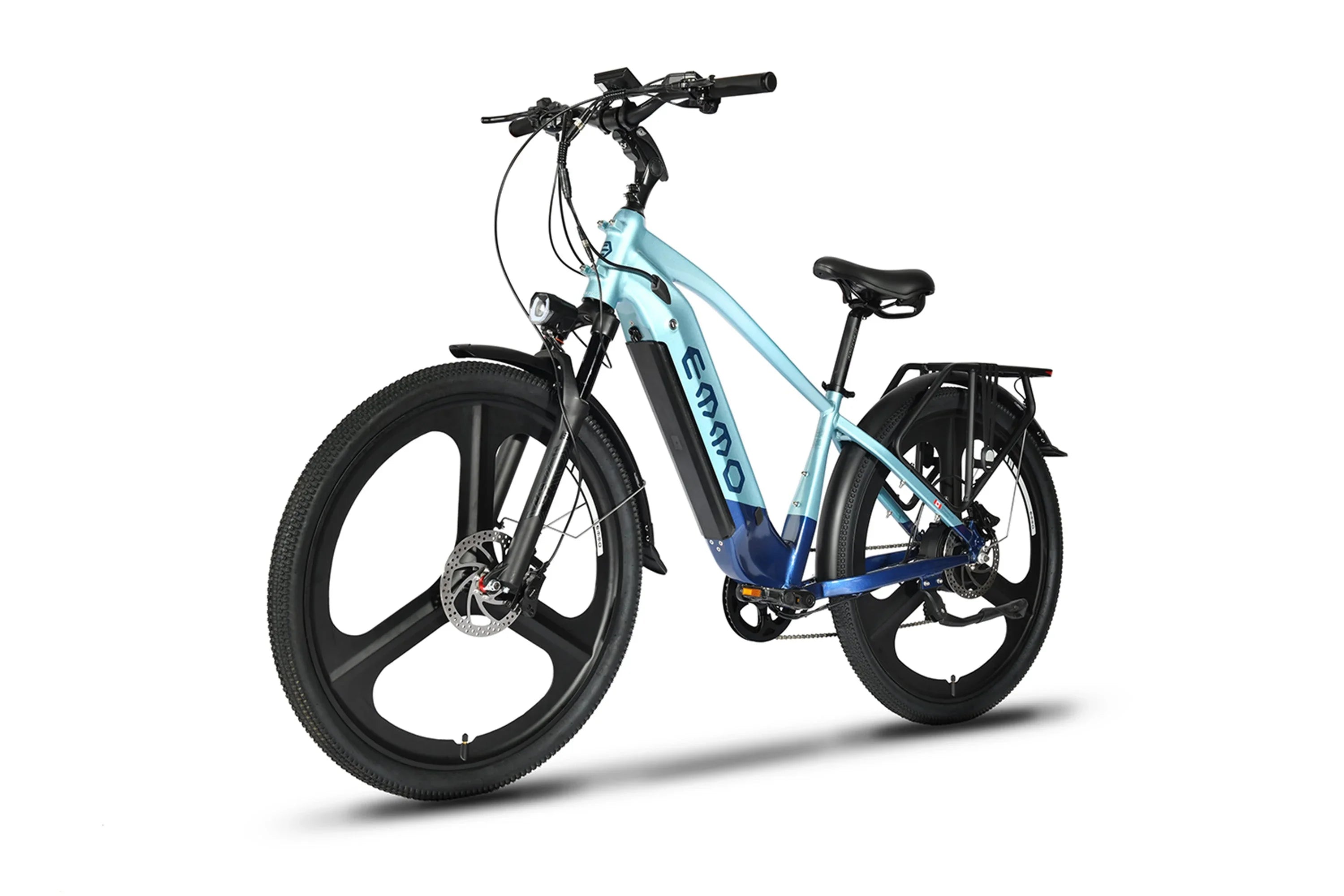 Light blue Emmo Spurt Pro e-bike with black mag wheels, side view on white background