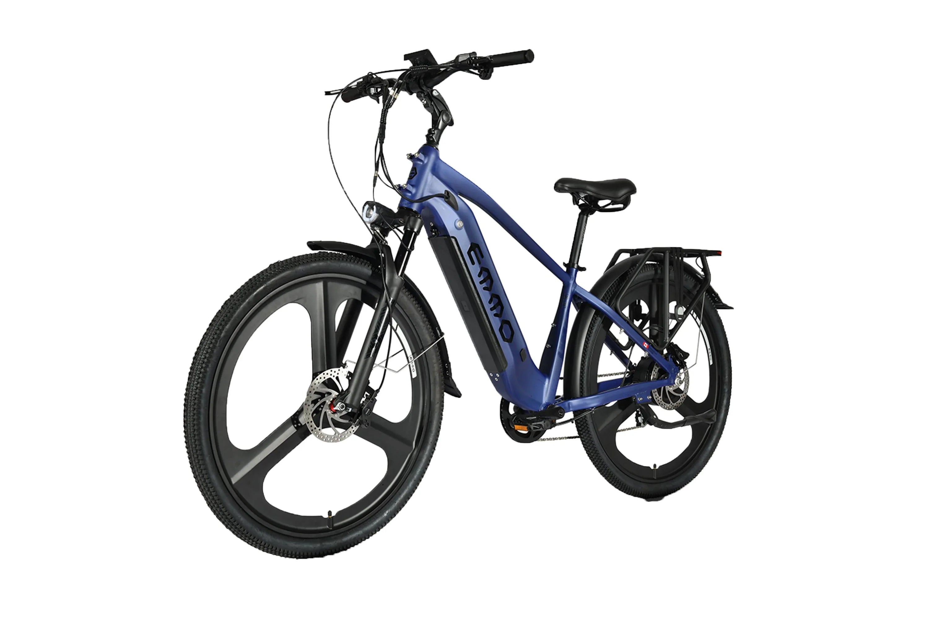 Blue Emmo Spurt Pro self-charging e-bike with black fat tires and rear rack