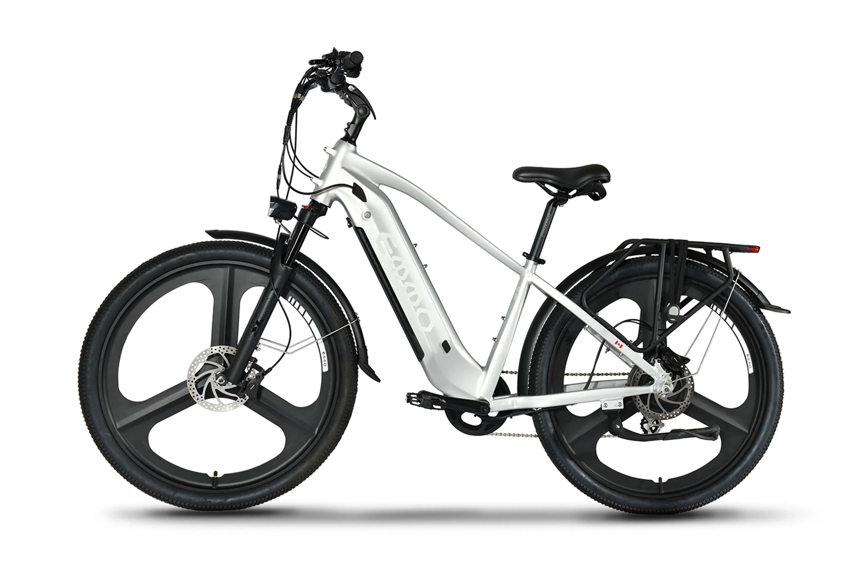 White Emmo Spurt Pro e-bike with black wheels and rear cargo rack, side view
