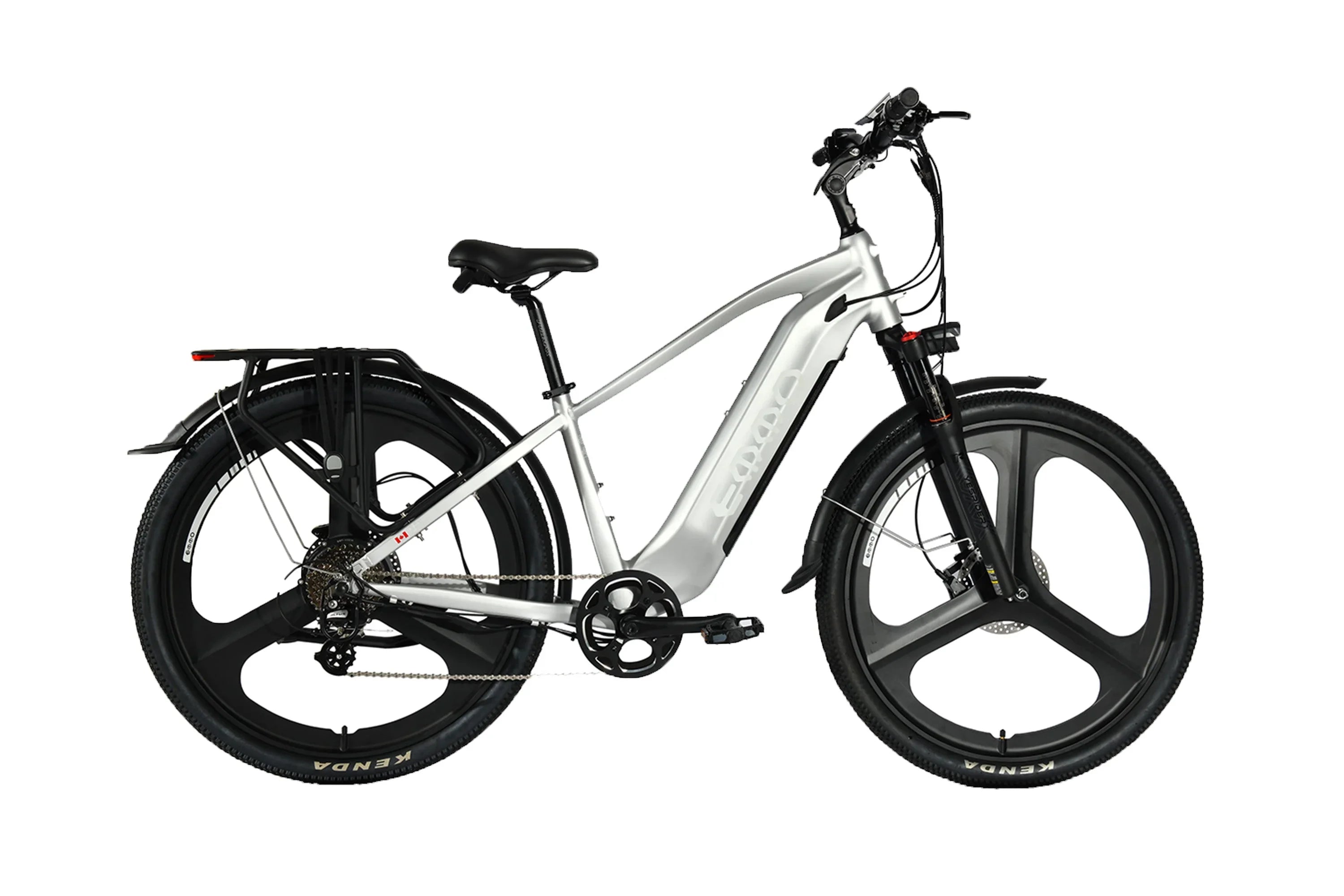 Silver Emmo Spurt Pro e-bike with sleek frame, rear rack, and Kenda tires on white background