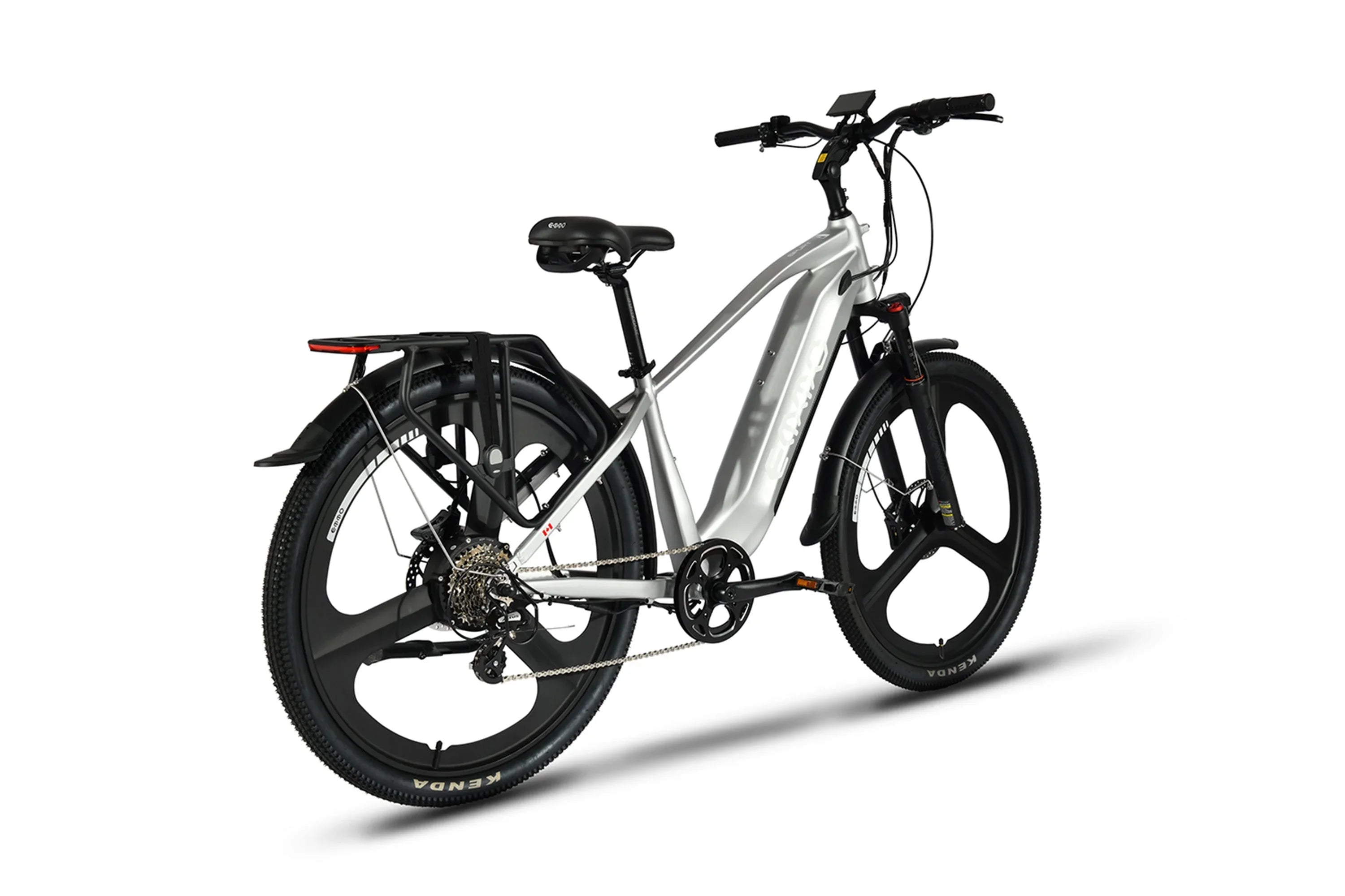 Emmo Spurt Pro e-bike with silver frame, rear rack, and black mag wheels on white background