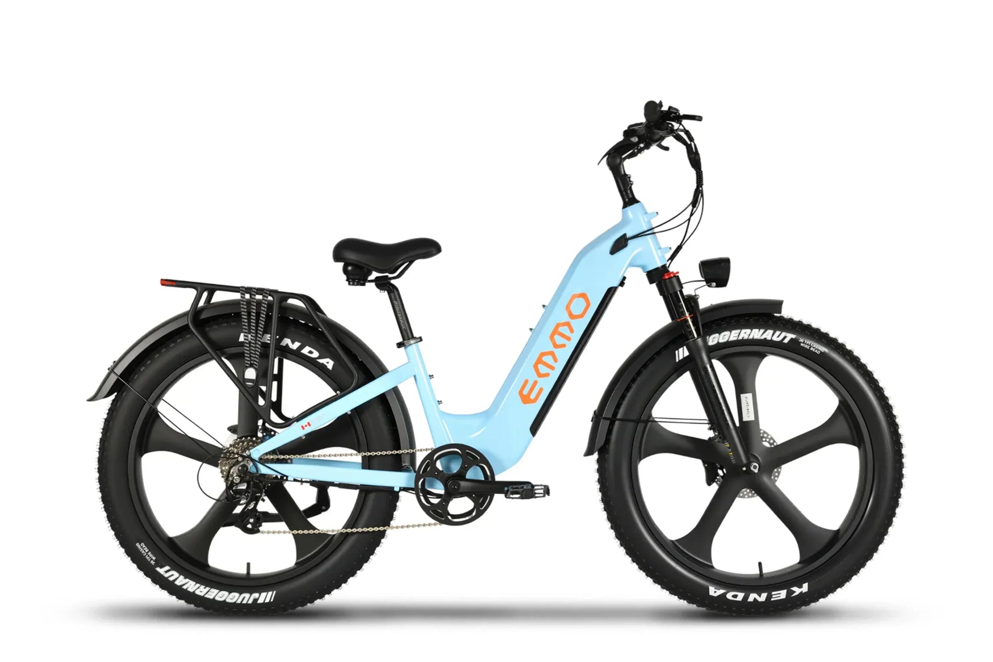 Ice blue Emmo Vegar Pro step-thru fat tire commuter e-bike with rear rack and Kenda tires