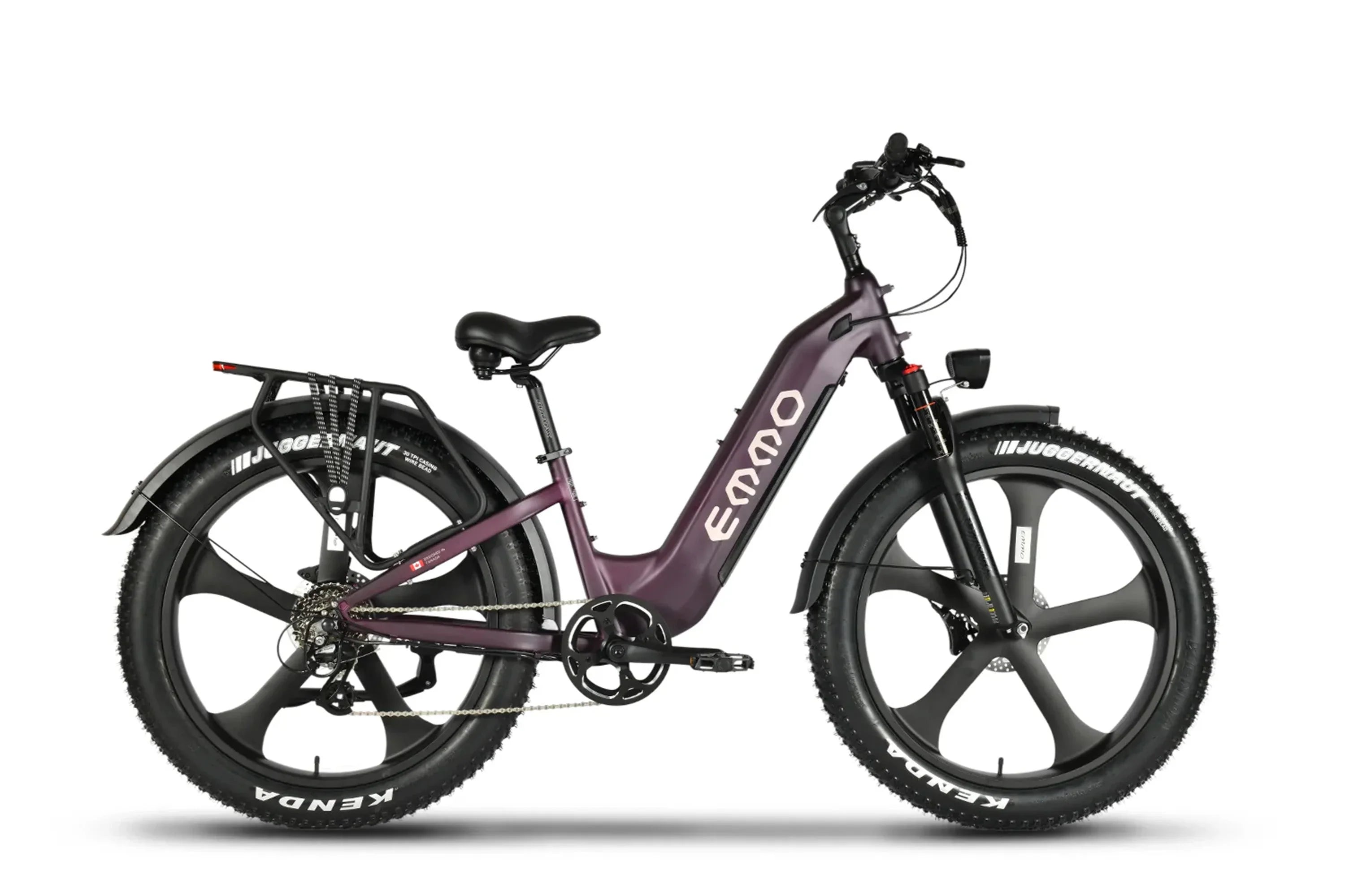 Dusky purple Emmo Vegar Pro step-thru fat tire electric commuter bike with large black wheels