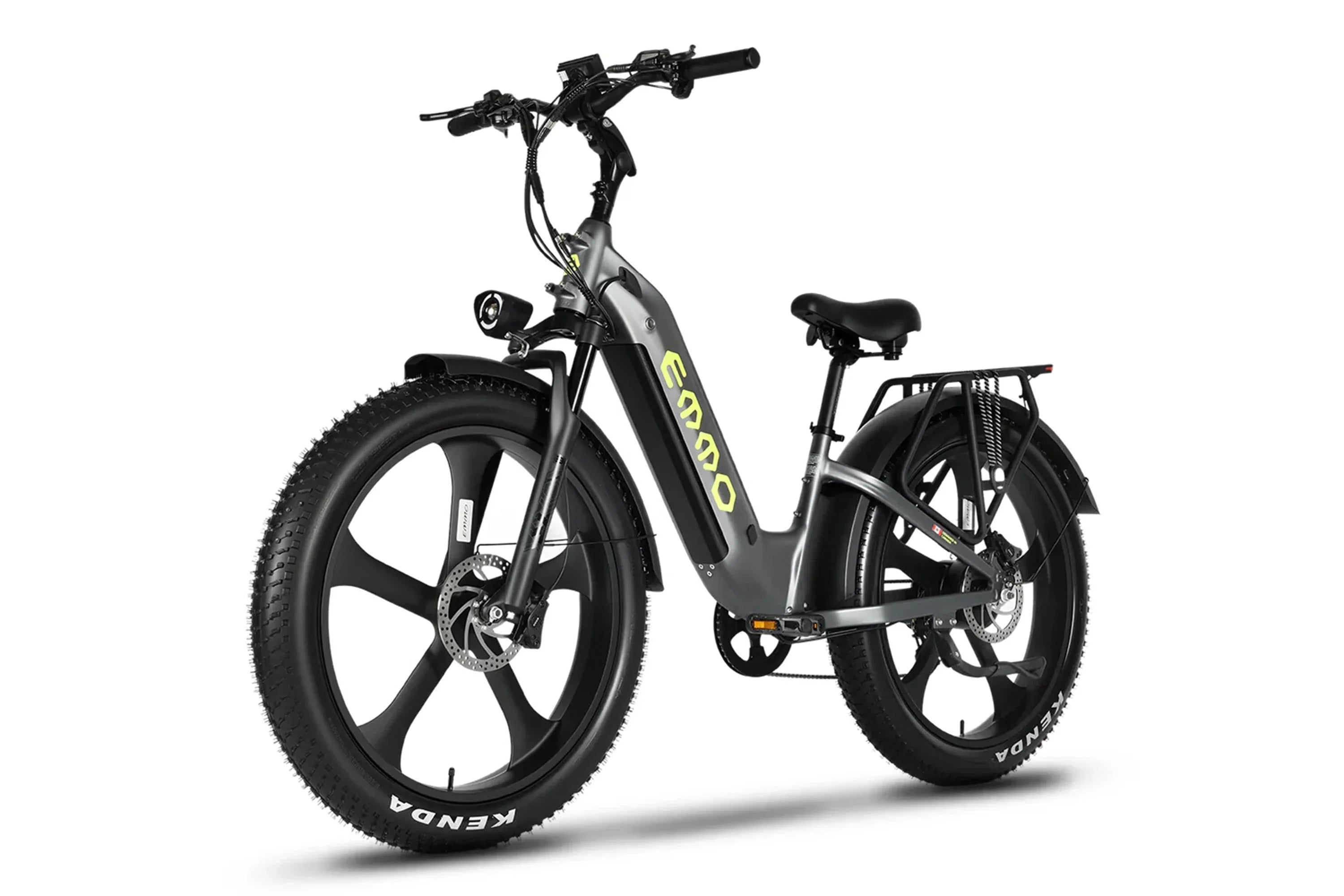Emmo Vegar Pro step-thru fat tire commuter e-bike in graphite grey on white background