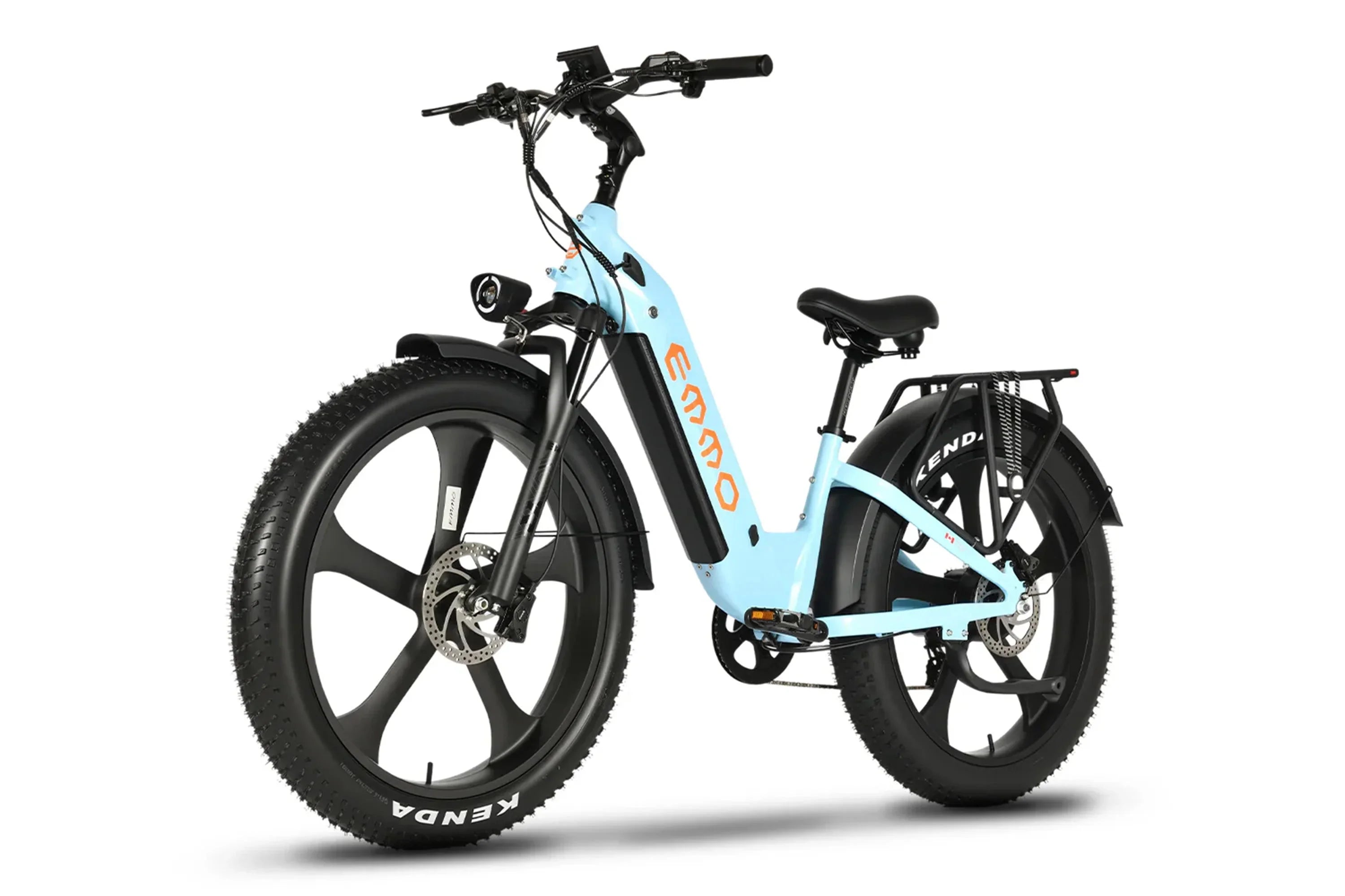 Ice blue Emmo Vegar Pro step-thru fat tire electric commuter bike with black rims