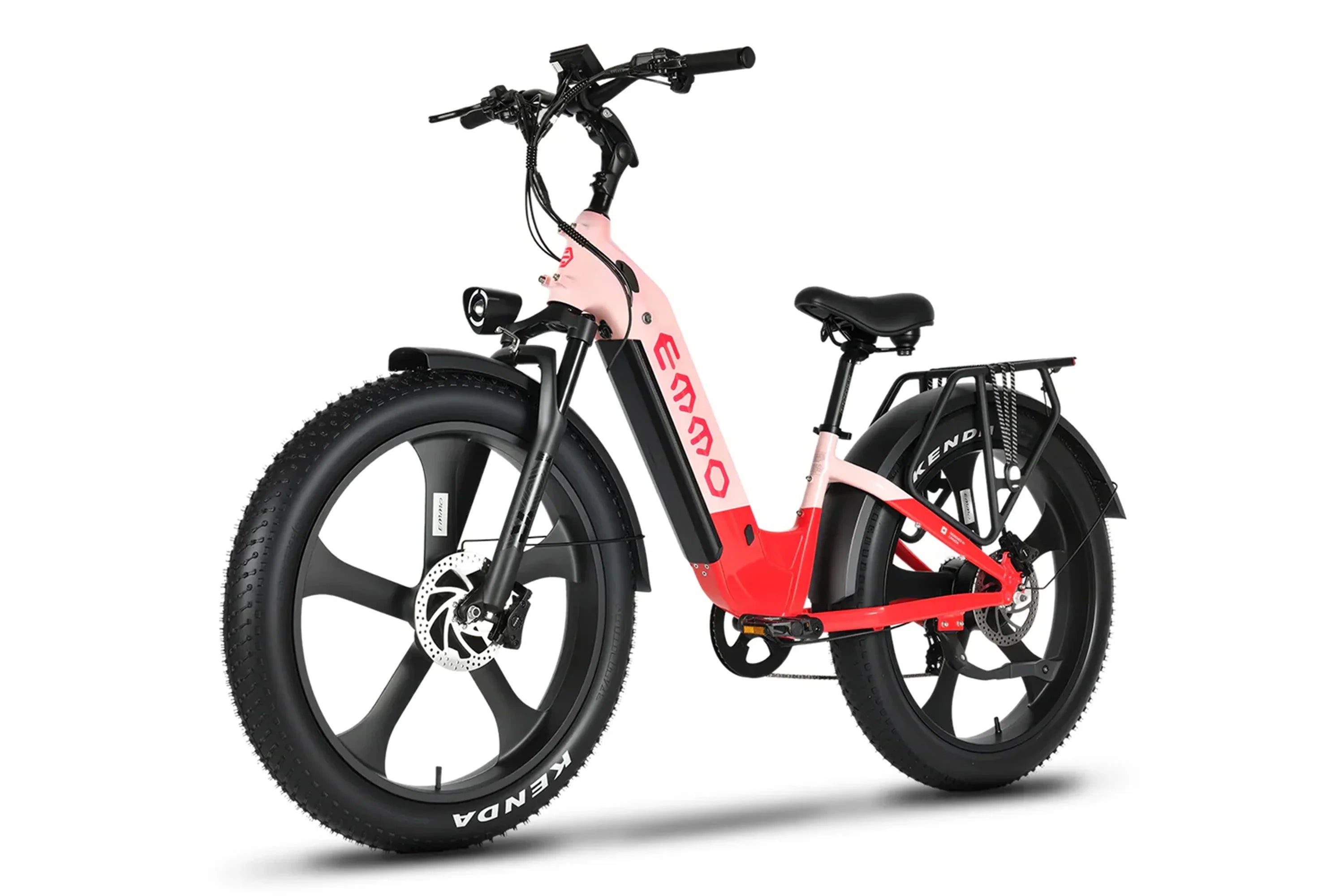 Blush pink Emmo Vegar Pro step-thru fat tire commuter e-bike with rear rack