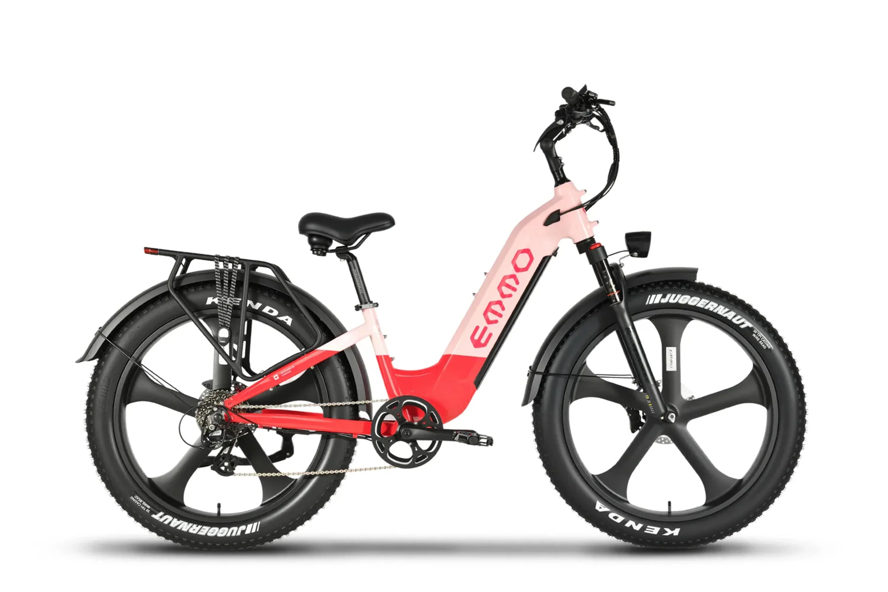 Blush pink Emmo Vegar Pro step-thru fat tire commuter e-bike with black wheels