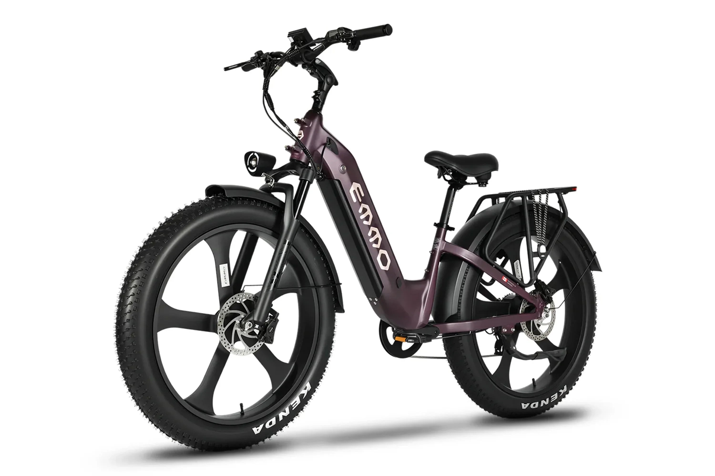 Dusky purple Emmo Vegar Pro step-thru fat tire commuter ebike with rear rack