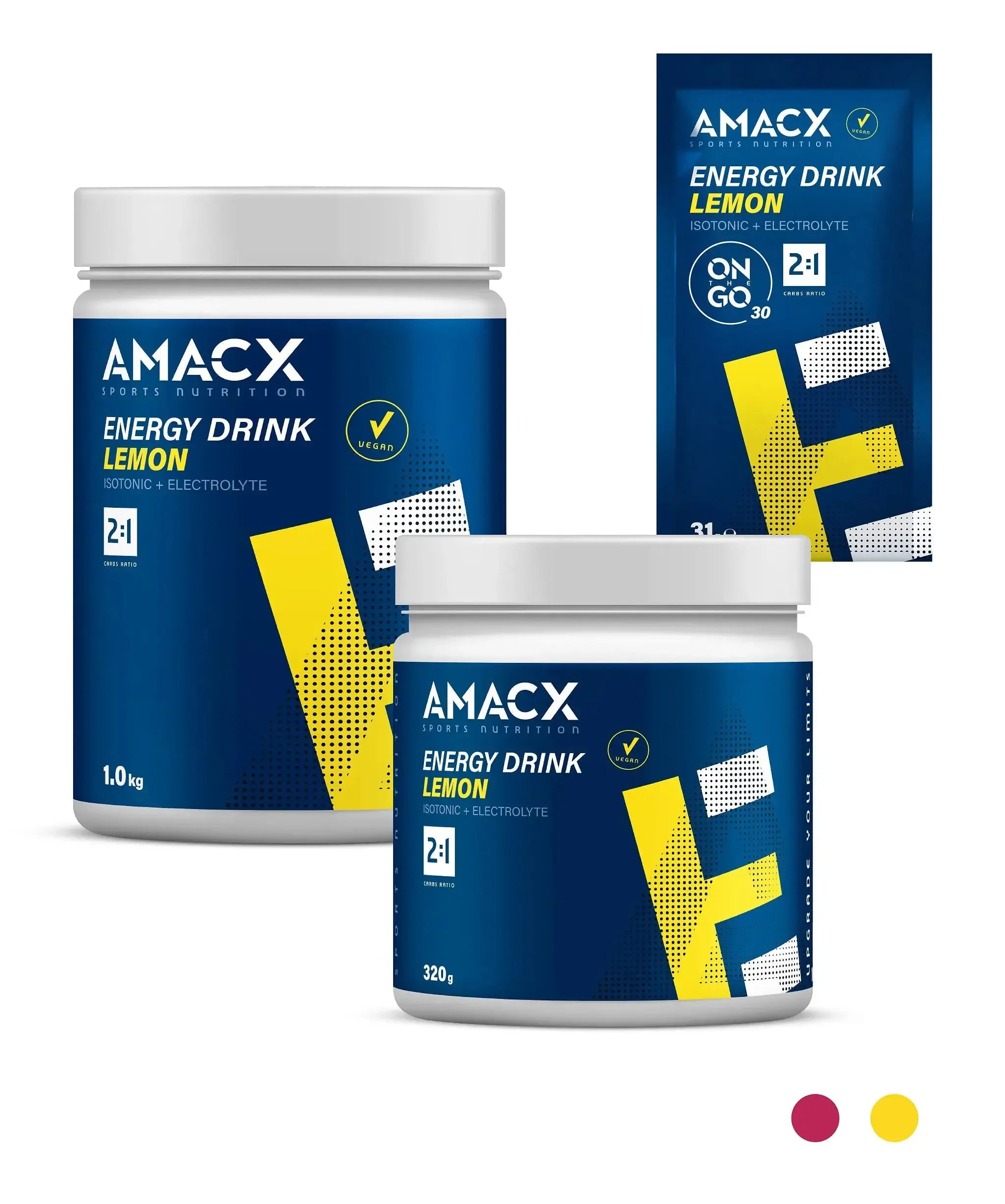 Amacx Energy Drink Lemon isotonic electrolyte powder and sachet packaging