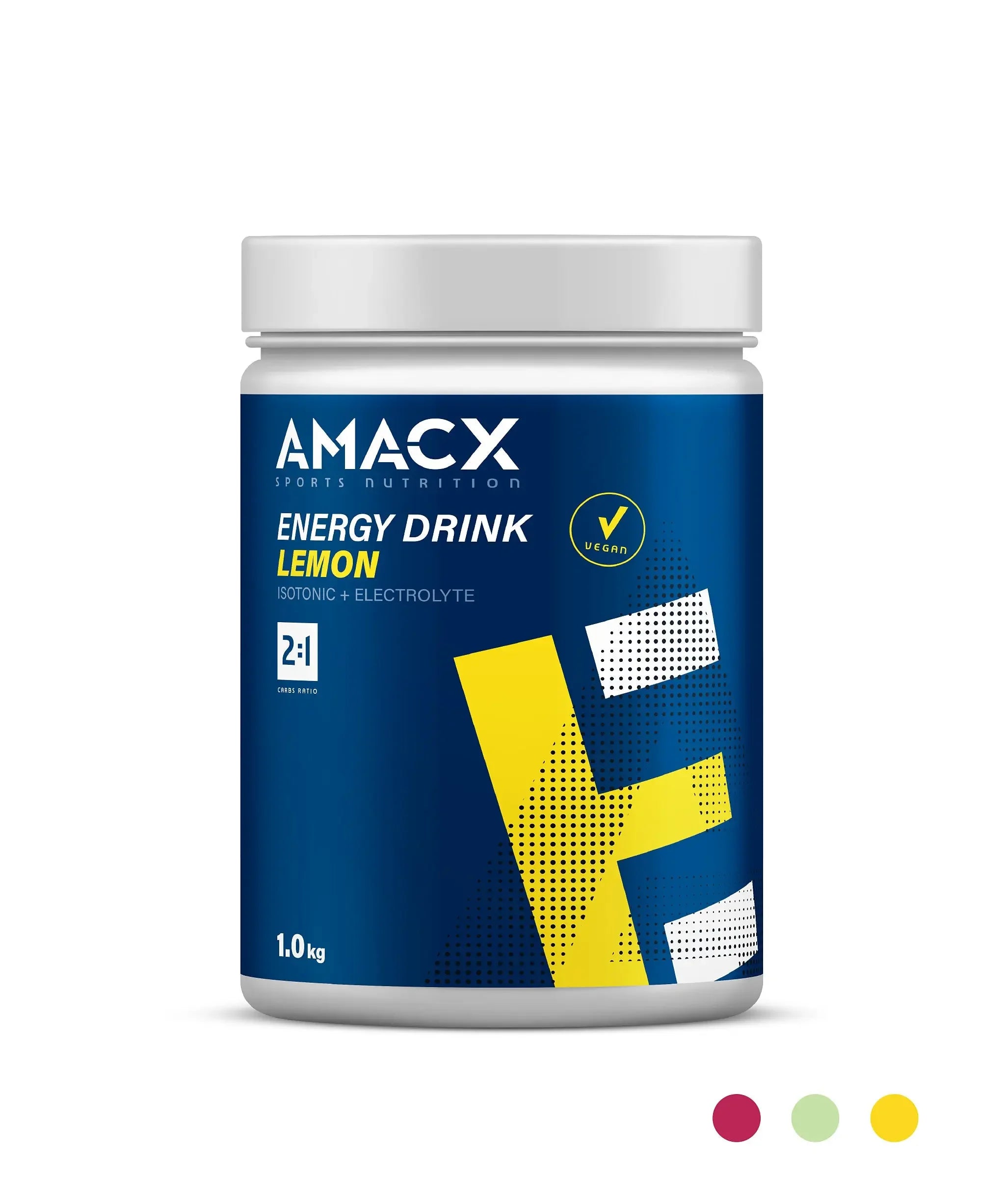 AMACX Energy Drink Lemon isotonic electrolyte powder 1kg blue container, vegan.