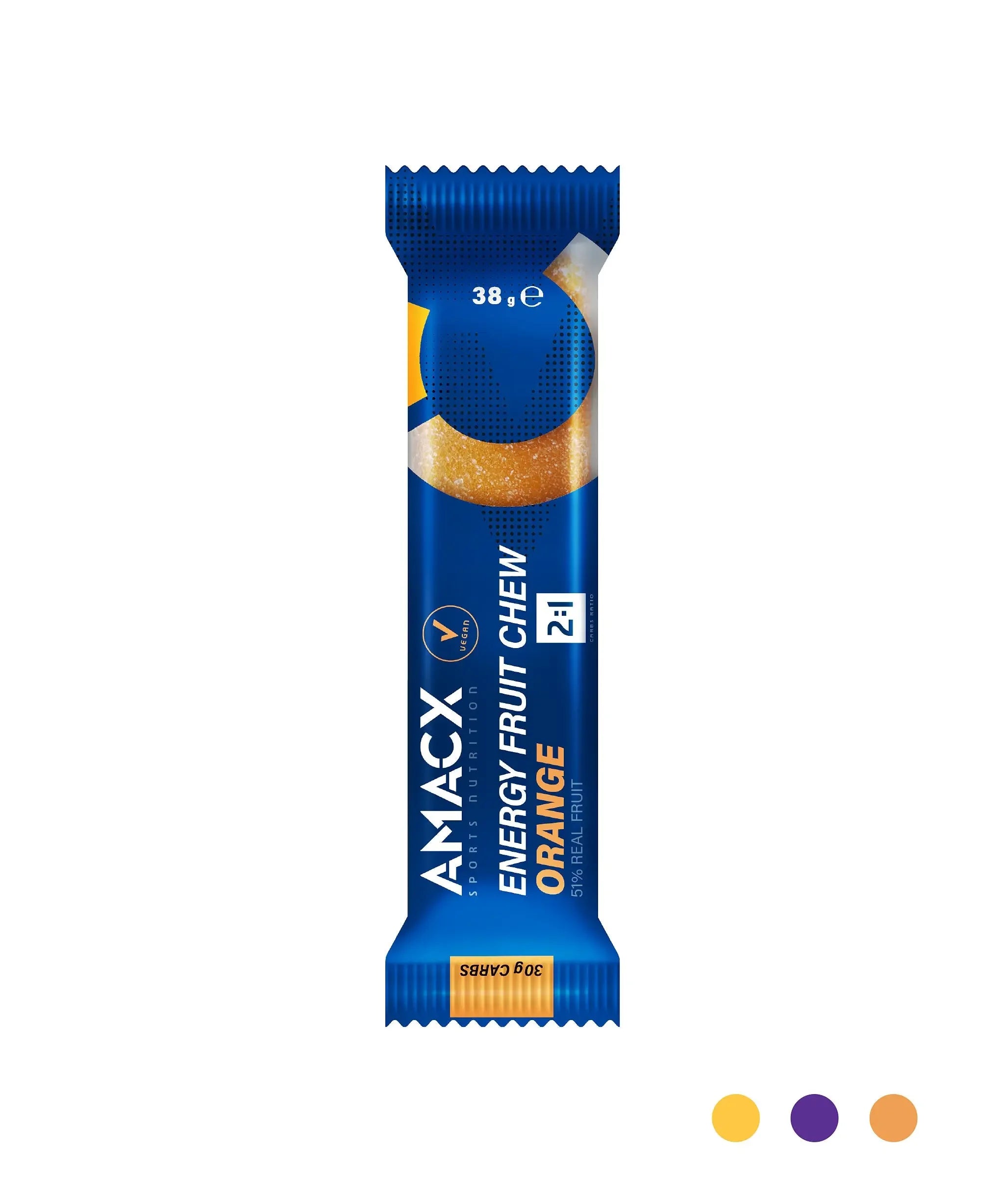 Amacx Energy Fruit Chew Orange bar in blue packaging with orange accent on white background