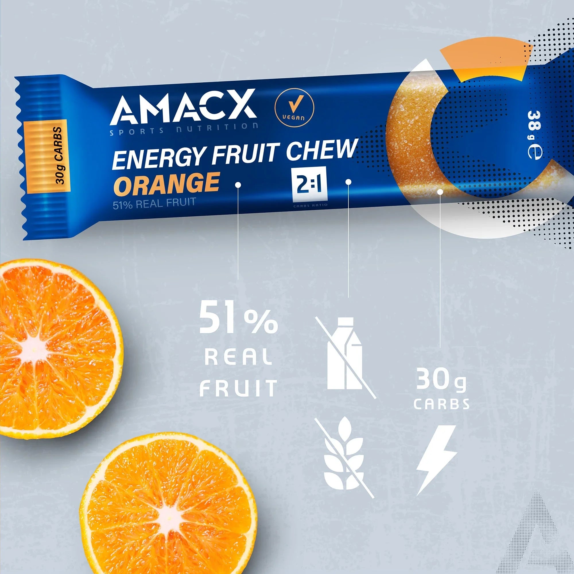 Amacx orange energy fruit chew bar with sliced oranges, 51% real fruit, 30g carbs, vegan