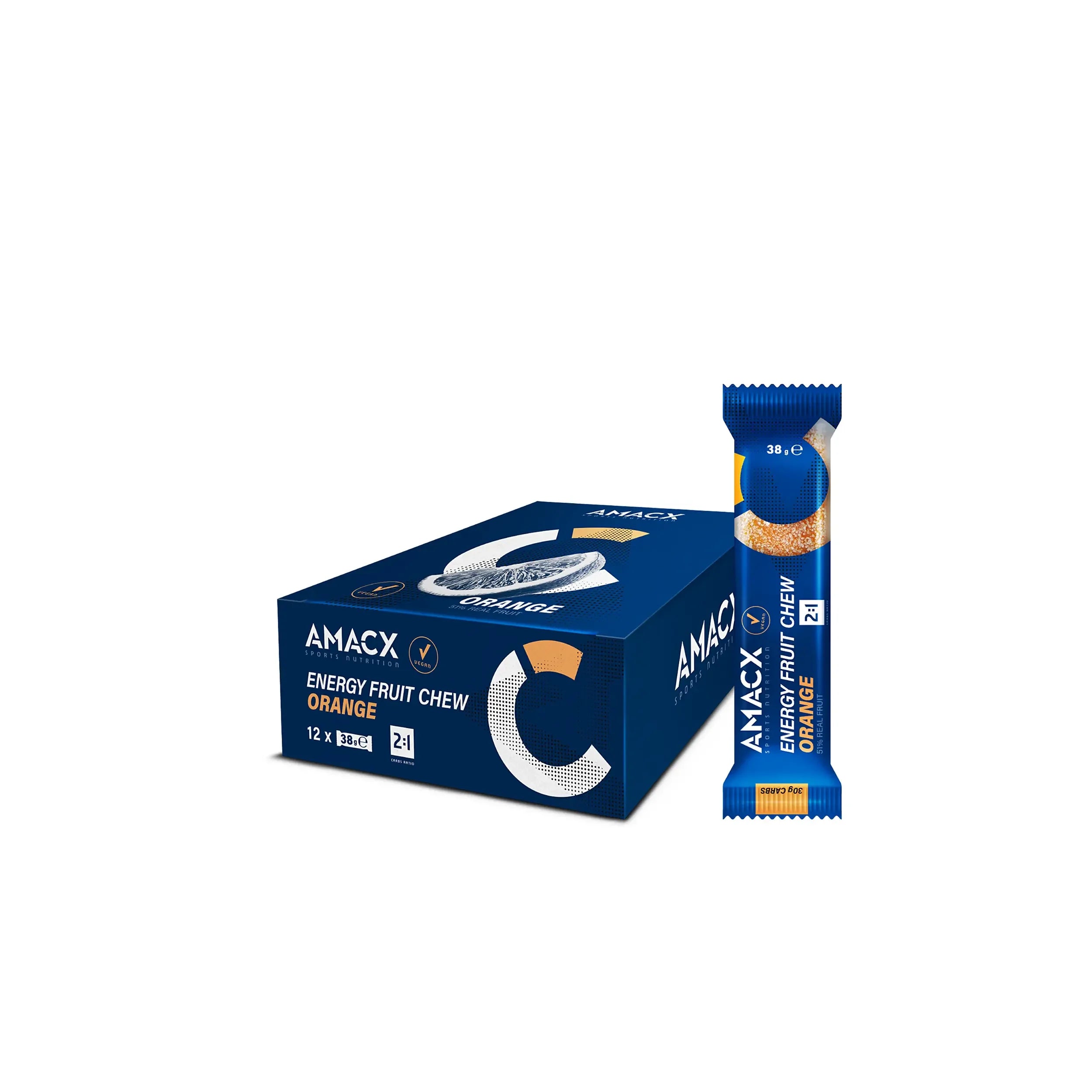 AMACX Energy Fruit Chew Orange box and bar, blue packaging, product display