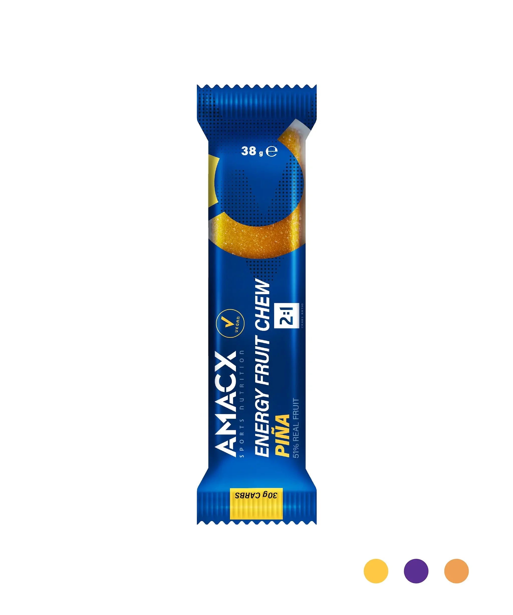 Amacx Energy Fruit Chew Pina bar in blue packaging, isolated on white background