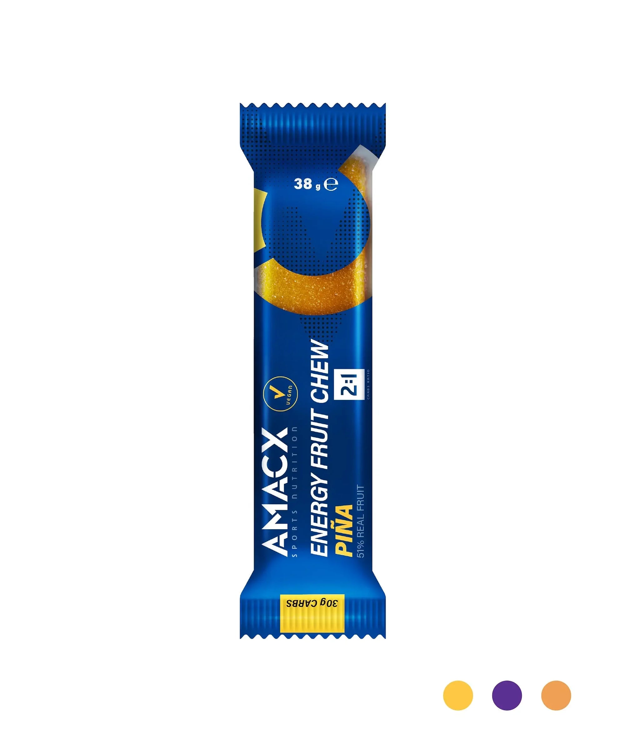 Amacx Energy Fruit Chew Pina bar in blue packaging, isolated on white background