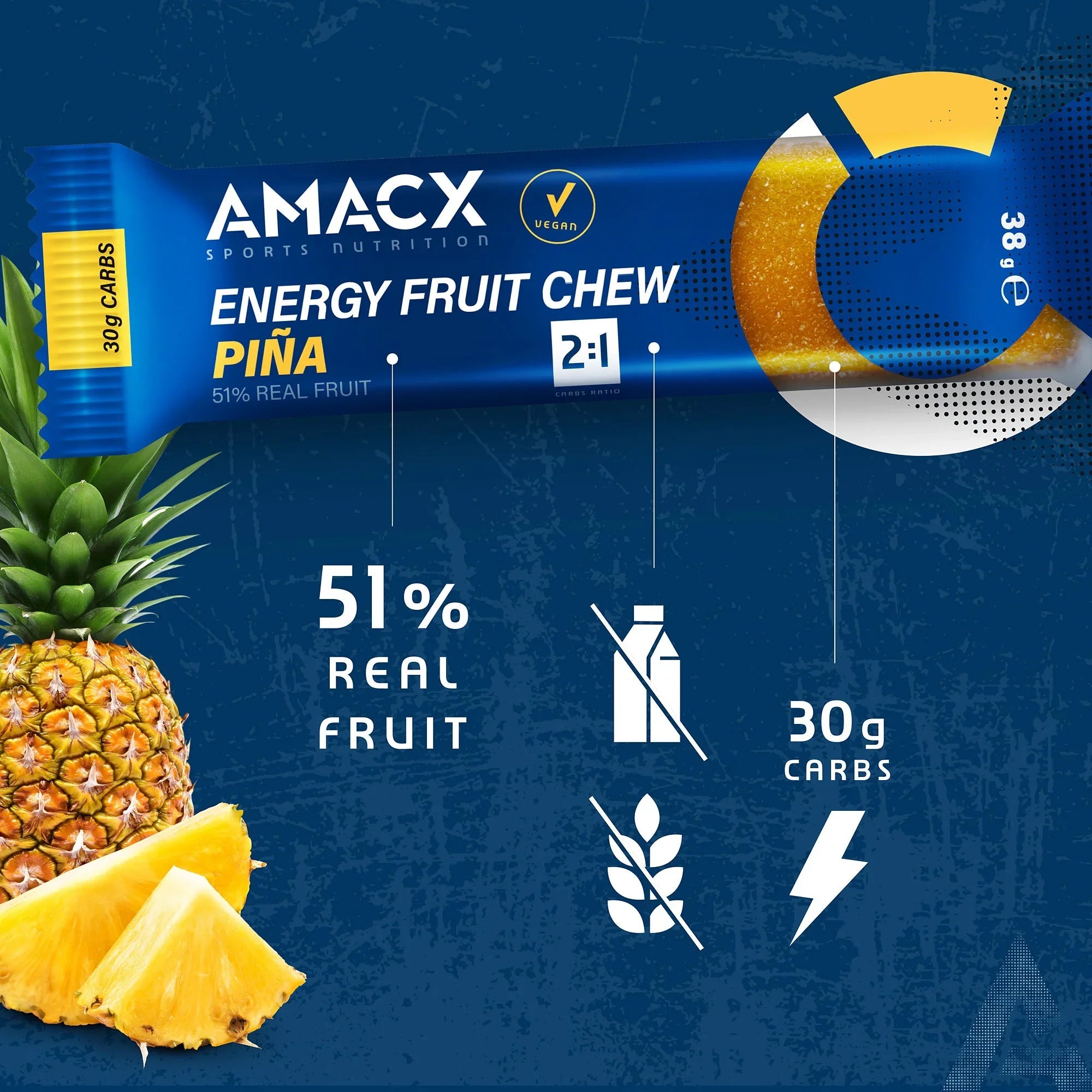 AMACX Energy Fruit Chew Piña vegan sports nutrition bar with pineapple, 51% real fruit, 30g carbs