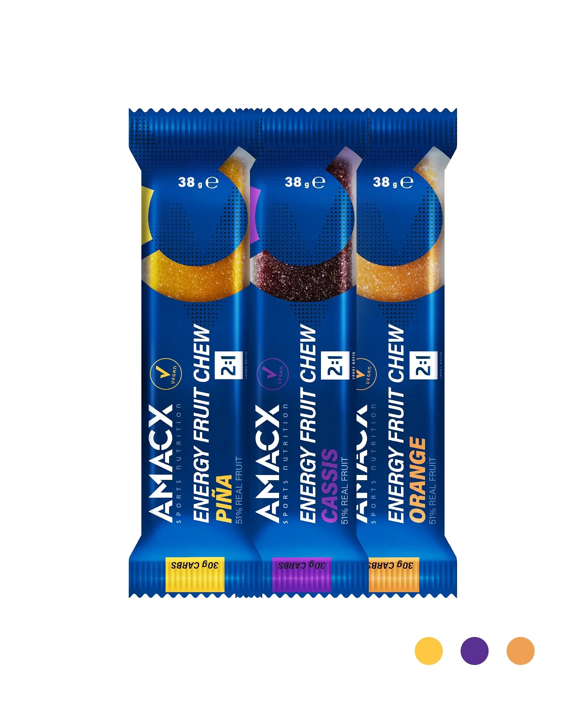 Amacx Energy Fruit Chew packs in pina, cassis, and orange flavors with colorful wrappers