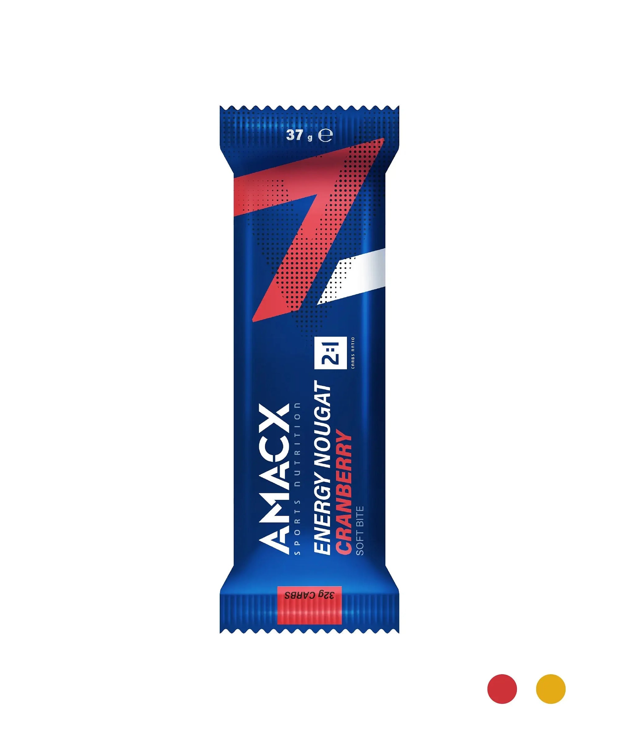 Amacx Energy Nougat Cranberry sports nutrition bar in blue and red packaging on white background