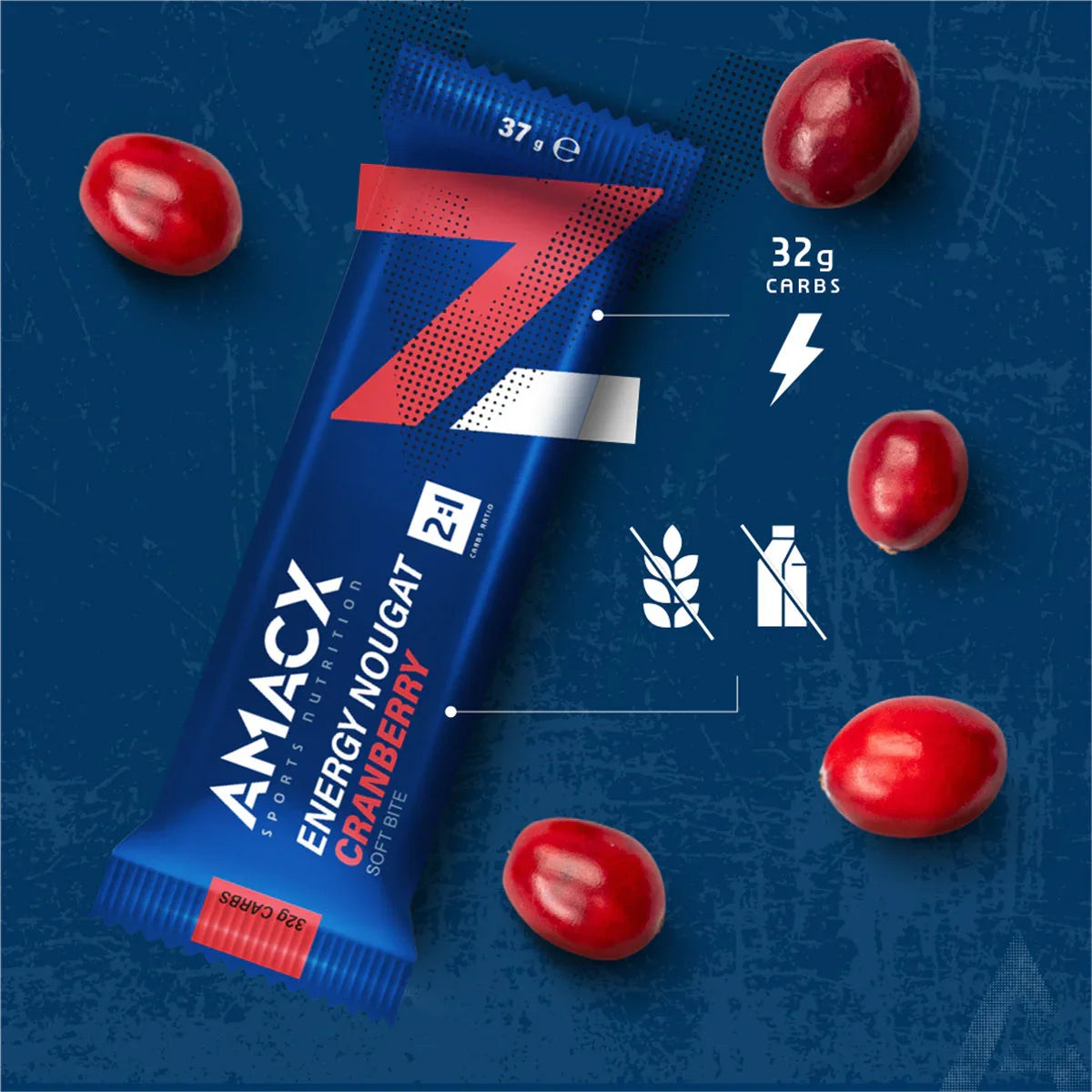 AMACX Energy Nougat Cranberry bar with fresh cranberries on blue background, 32g carbs