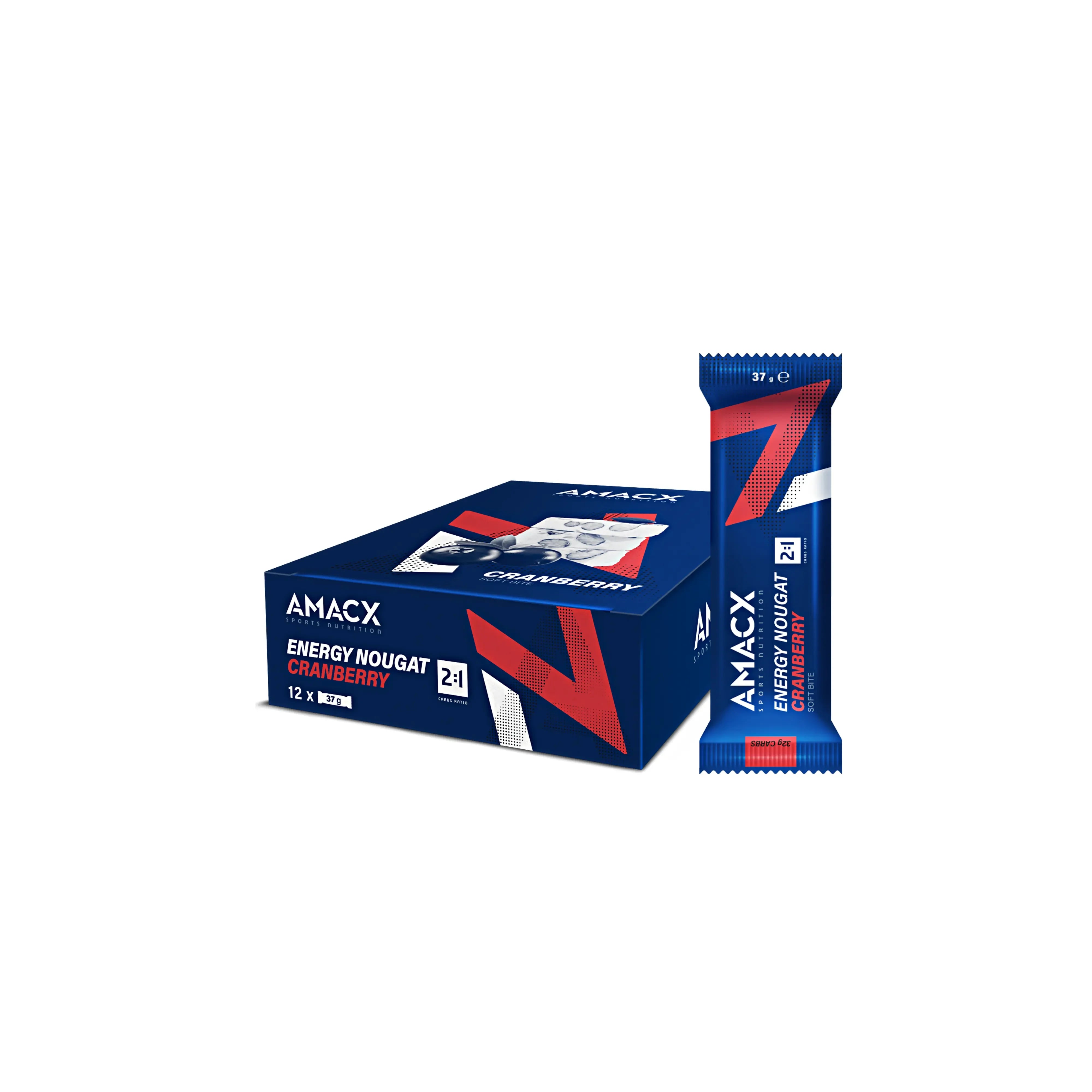 AMACX Energy Nougat Cranberry bar and box, blue and red packaging on white background