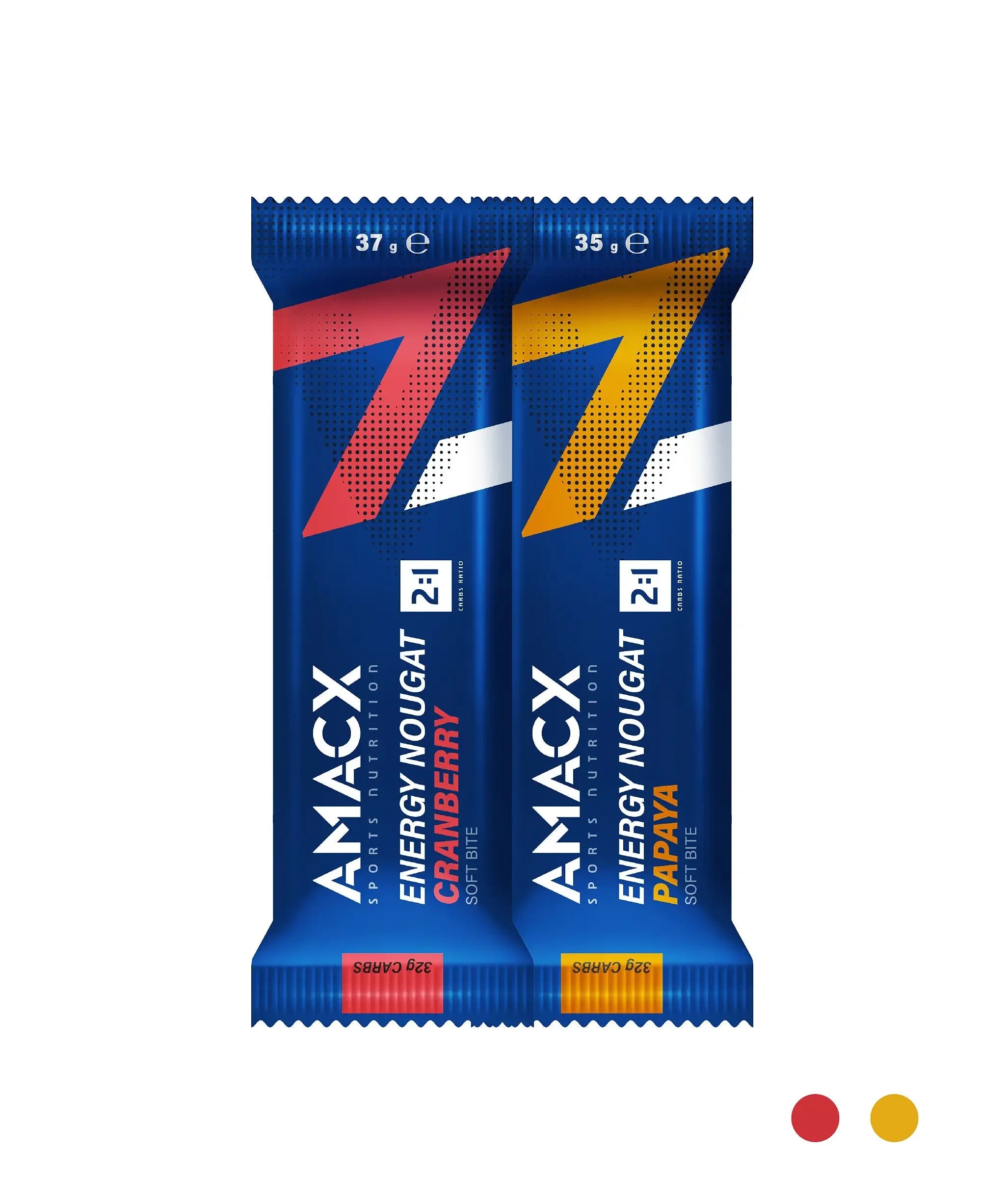 Amacx Energy Nougat bars cranberry and papaya flavors in blue packaging on white background