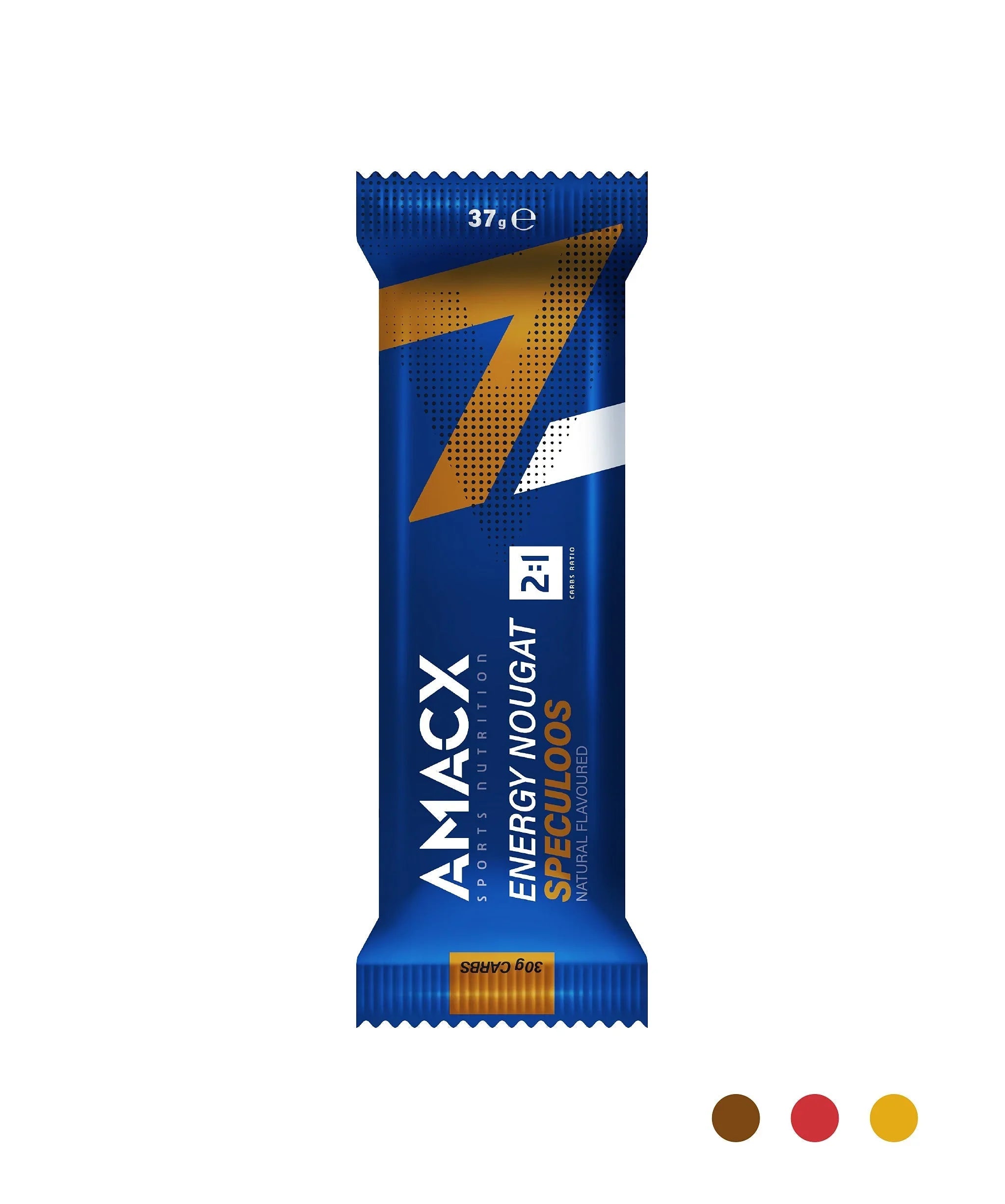 AMACX Energy Nougat Speculoos bar in blue and gold packaging on white background
