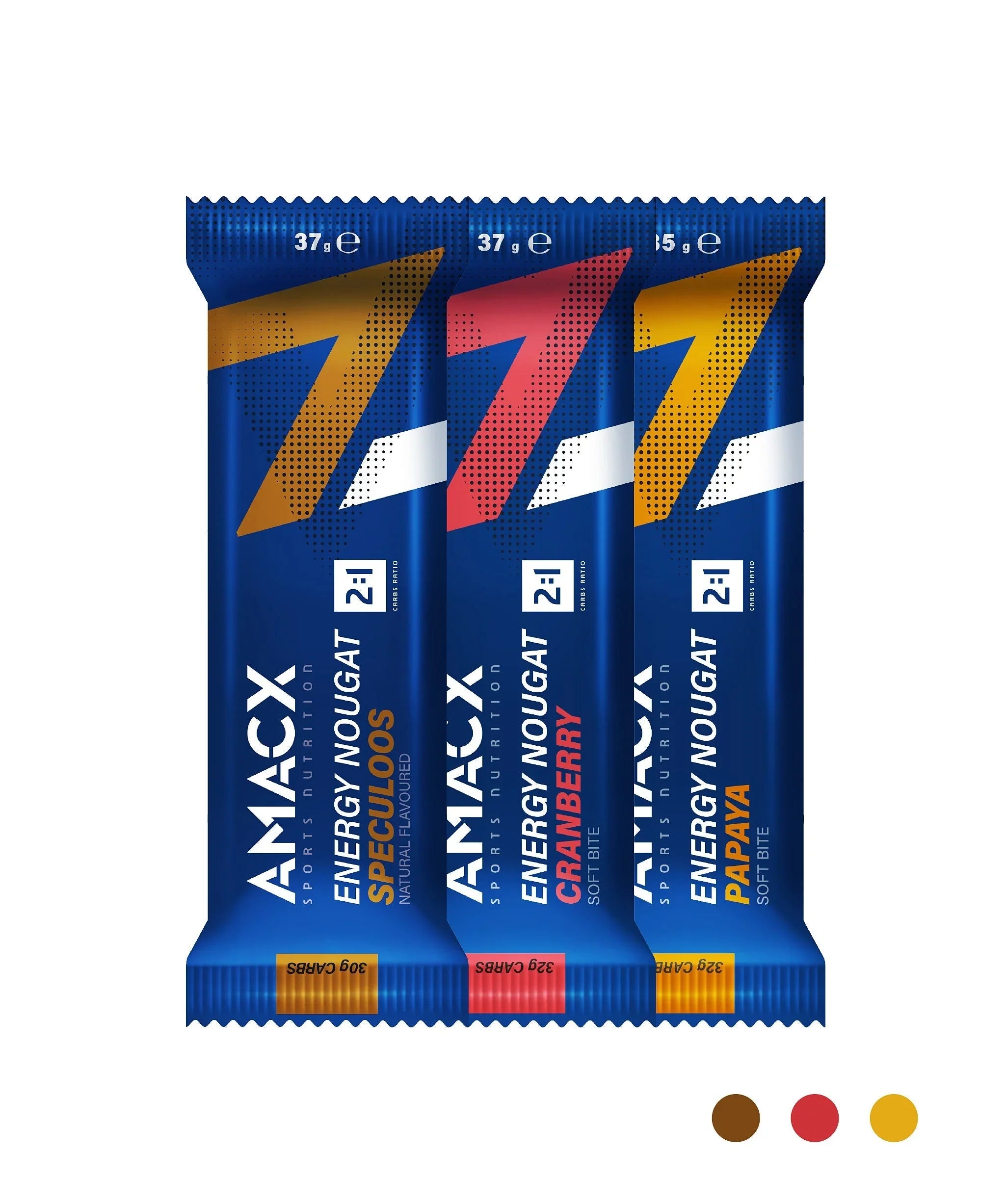 AMACX Energy Nougat bars assorted flavors in blue packaging on white background