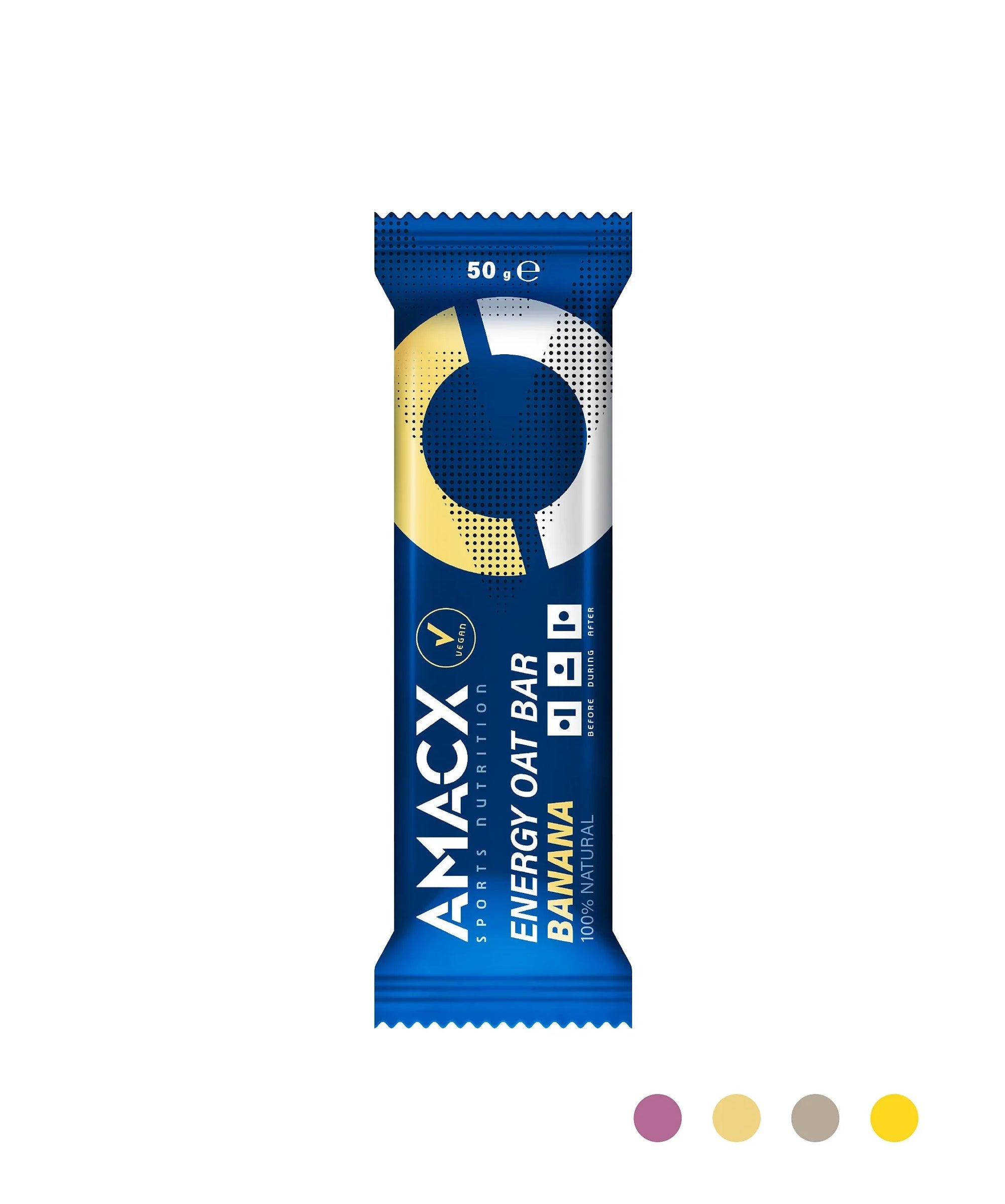 AMACX Energy Oat Bar Banana in blue and yellow packaging on a white background