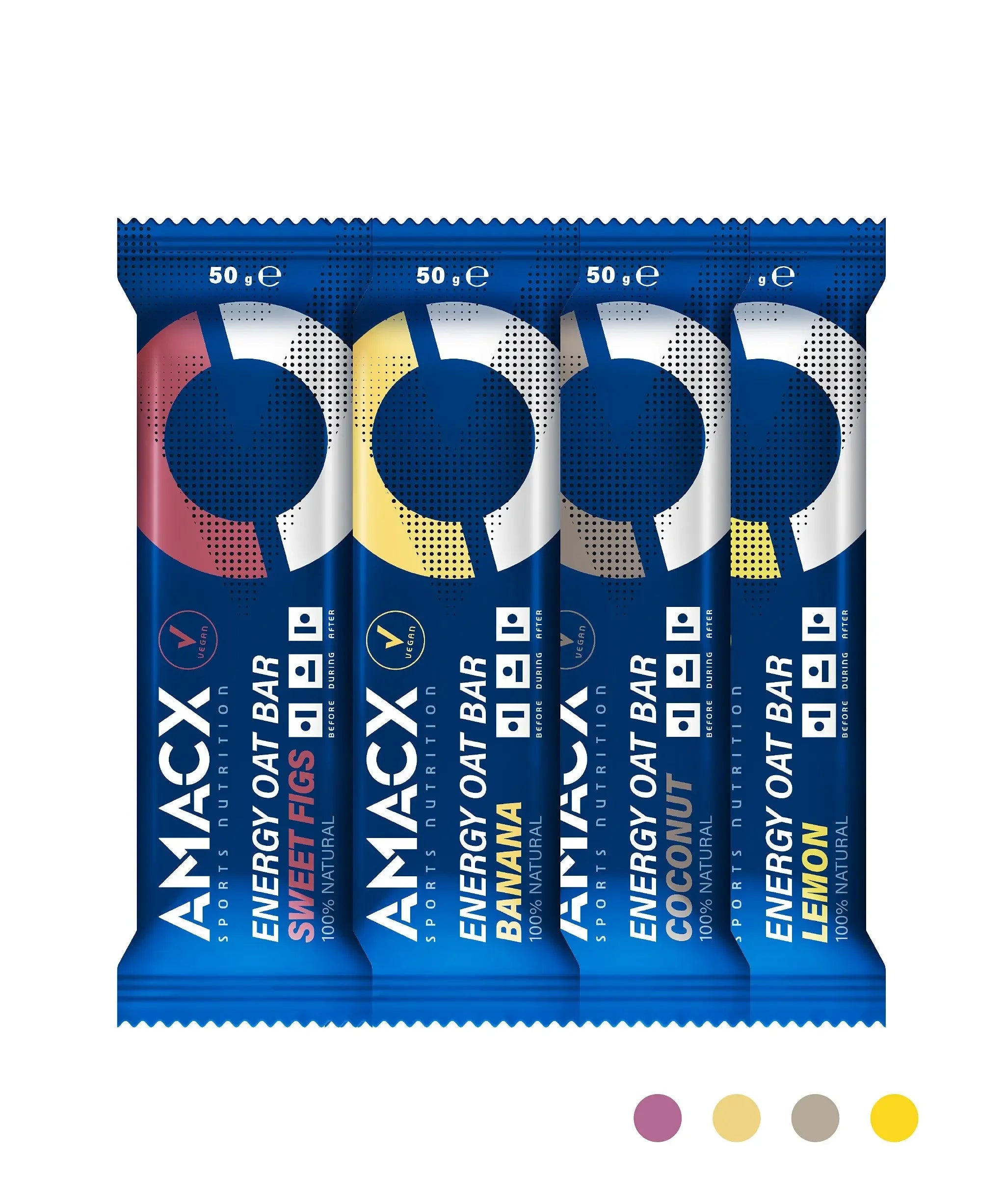 AMACX Energy Oat Bar 4-pack with Sweet Figs, Banana, Coconut, Lemon flavors, blue packaging