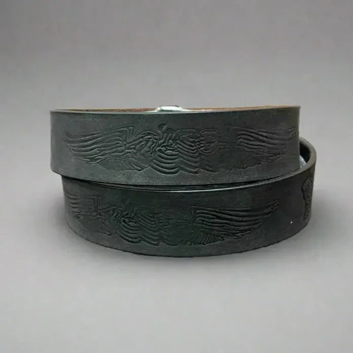 Black leather belt with embossed eagle engine design, removable buckle, men's accessory