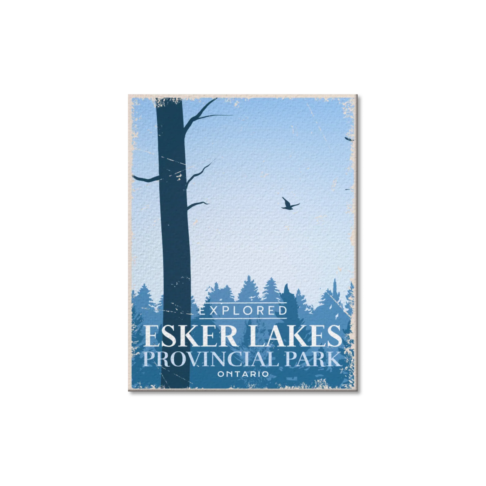 Esker Lakes Provincial Park Ontario postcard with trees, bird, and blue sky illustration