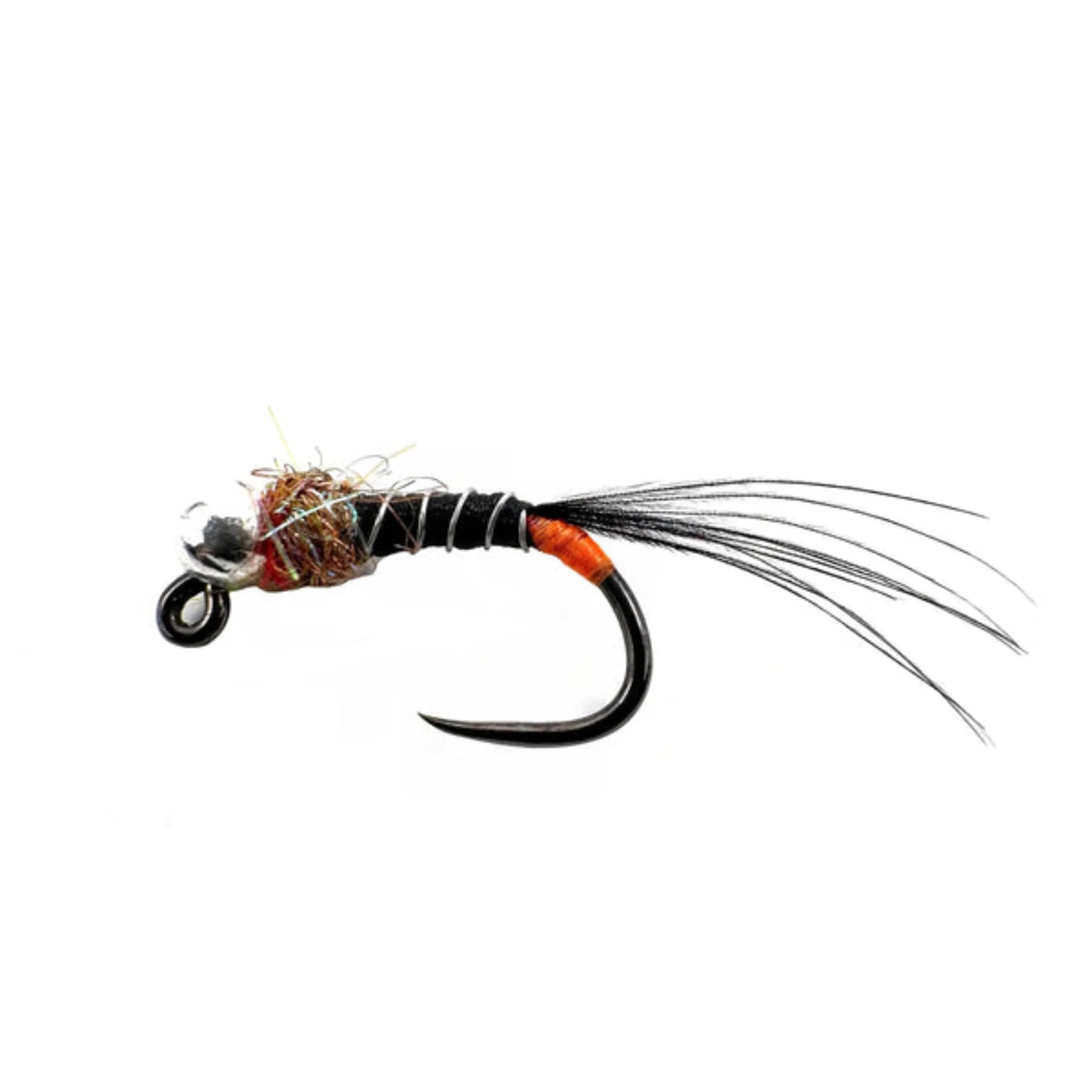 Tara Tumbler nymph fly fishing lure with orange and black body, silver bead head on white background