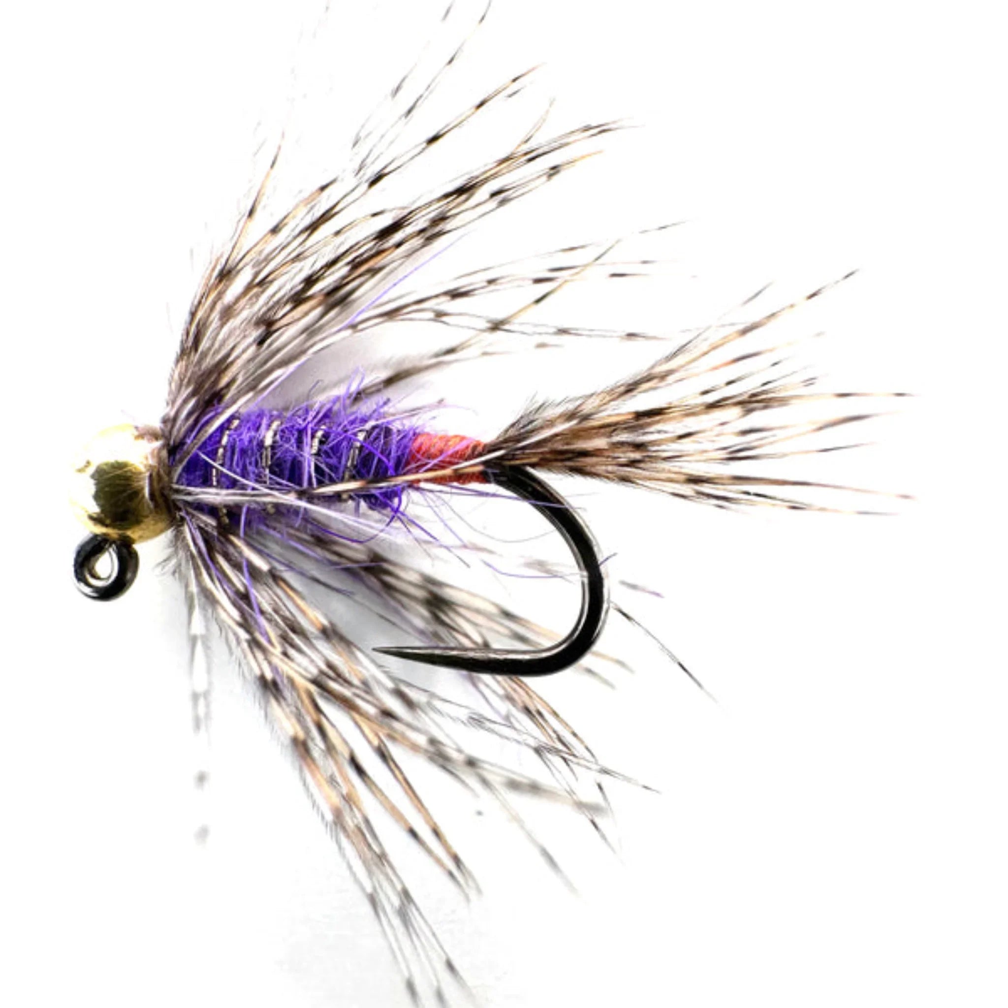 Purple and red feather fly fishing lure with gold bead head on white background