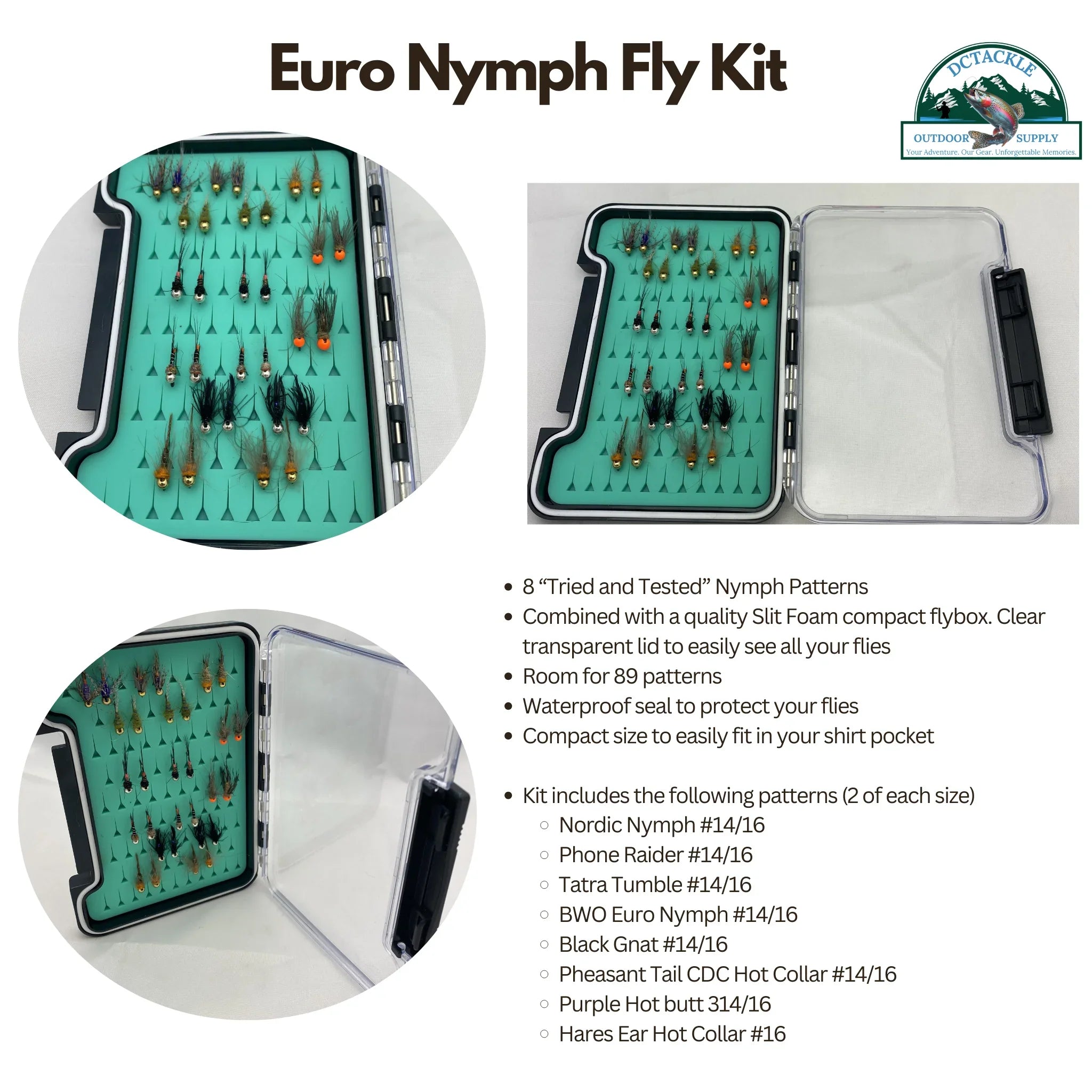 Euro Nymph Fly Kit with assorted nymph flies in a clear-lid compact waterproof fly box