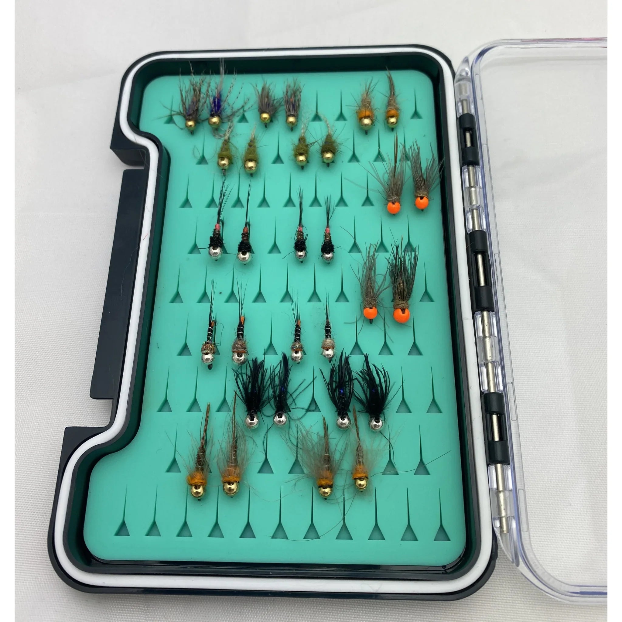 Euro nymph fly fishing kit with assorted bead head flies in a turquoise fly box