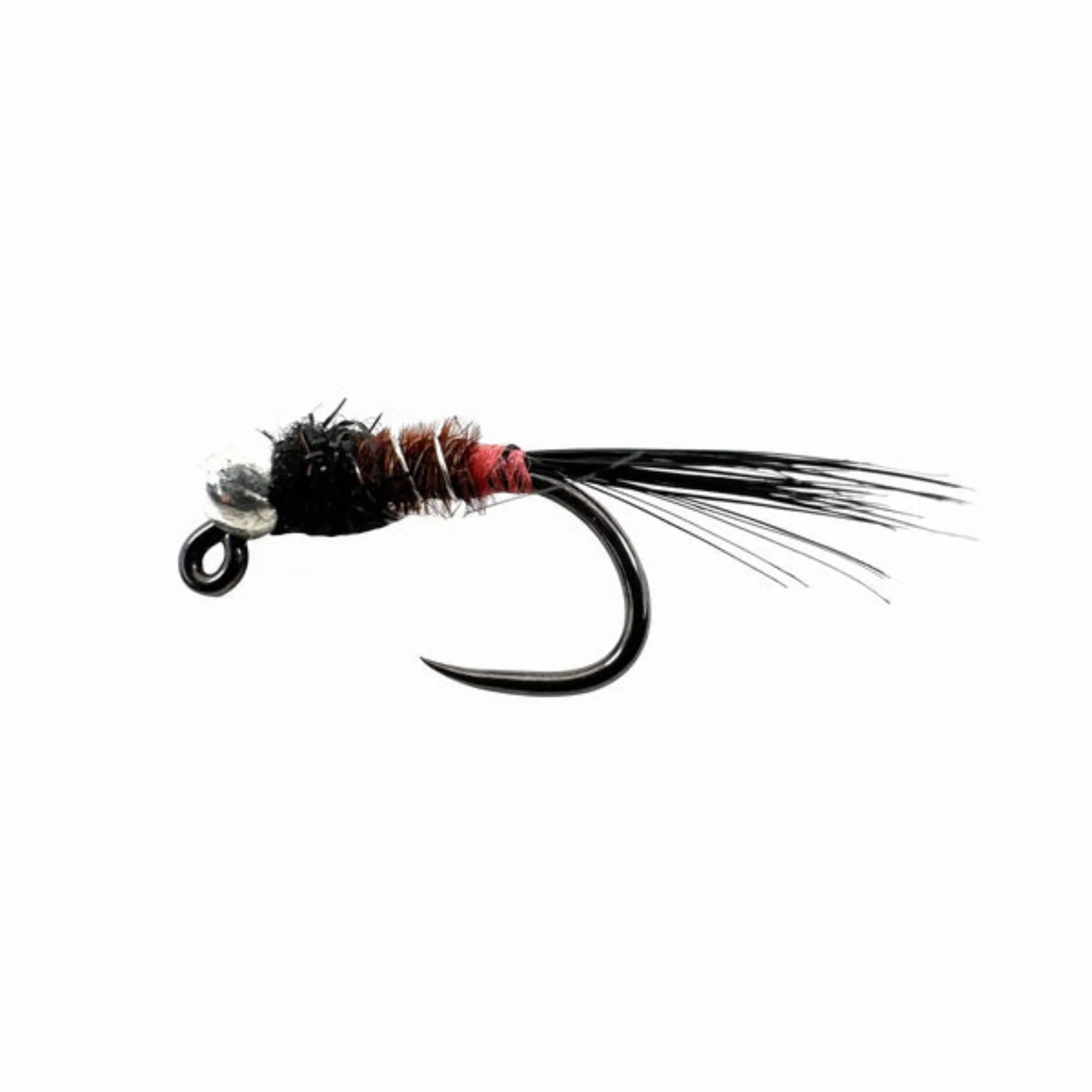 Nordic Nymph fly fishing lure with black, brown, and red details on white background