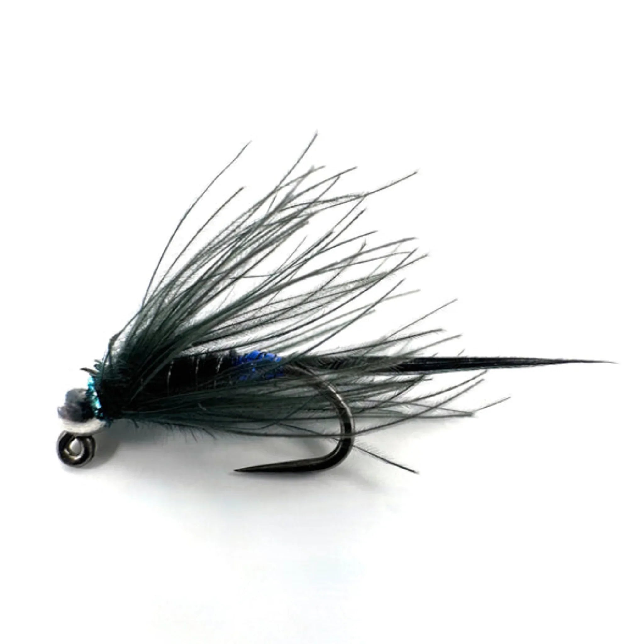 Black Nymph fishing fly with black feather hackle and bead head on white background