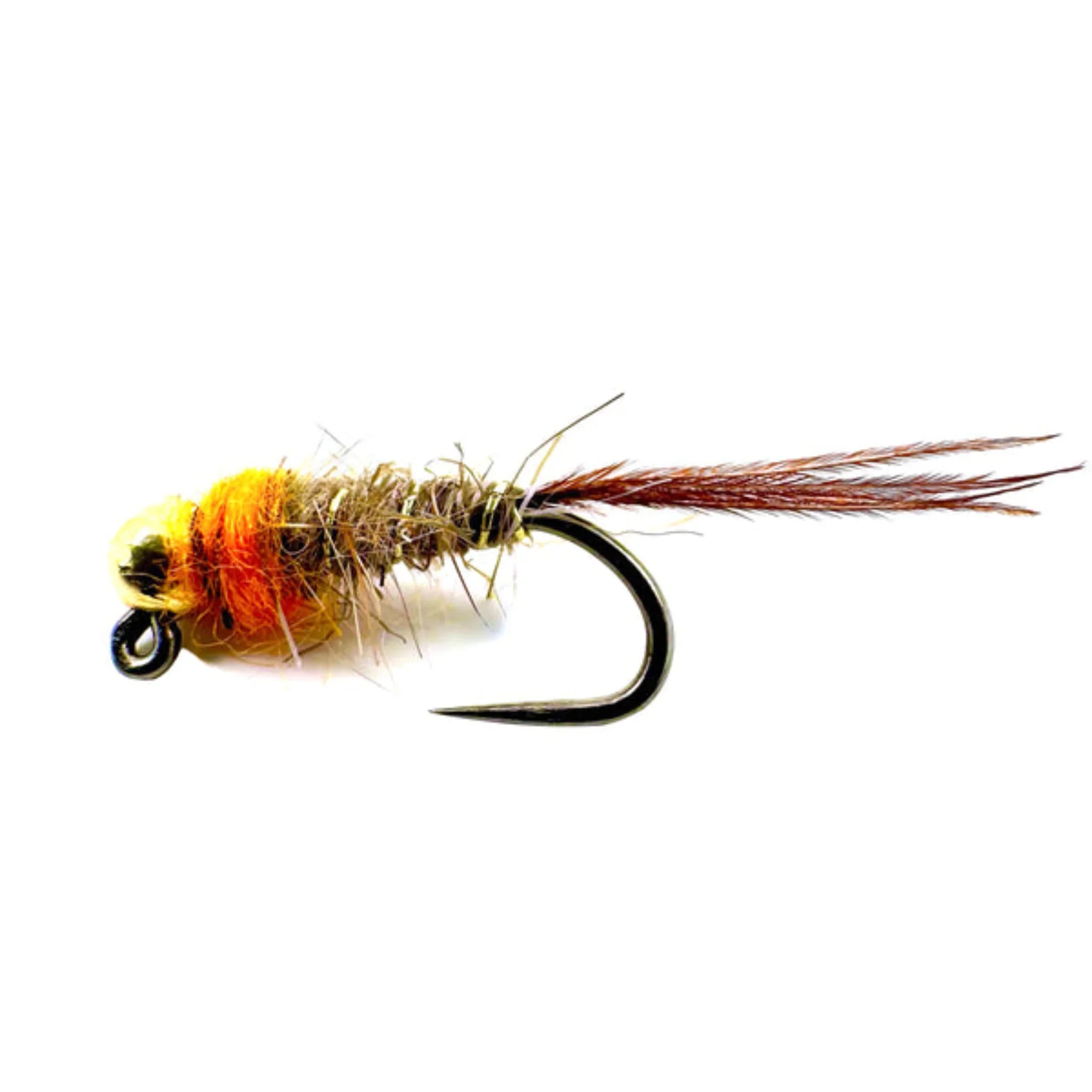 Hare's Ear Hot Collar nymph fly fishing lure with orange collar on white background