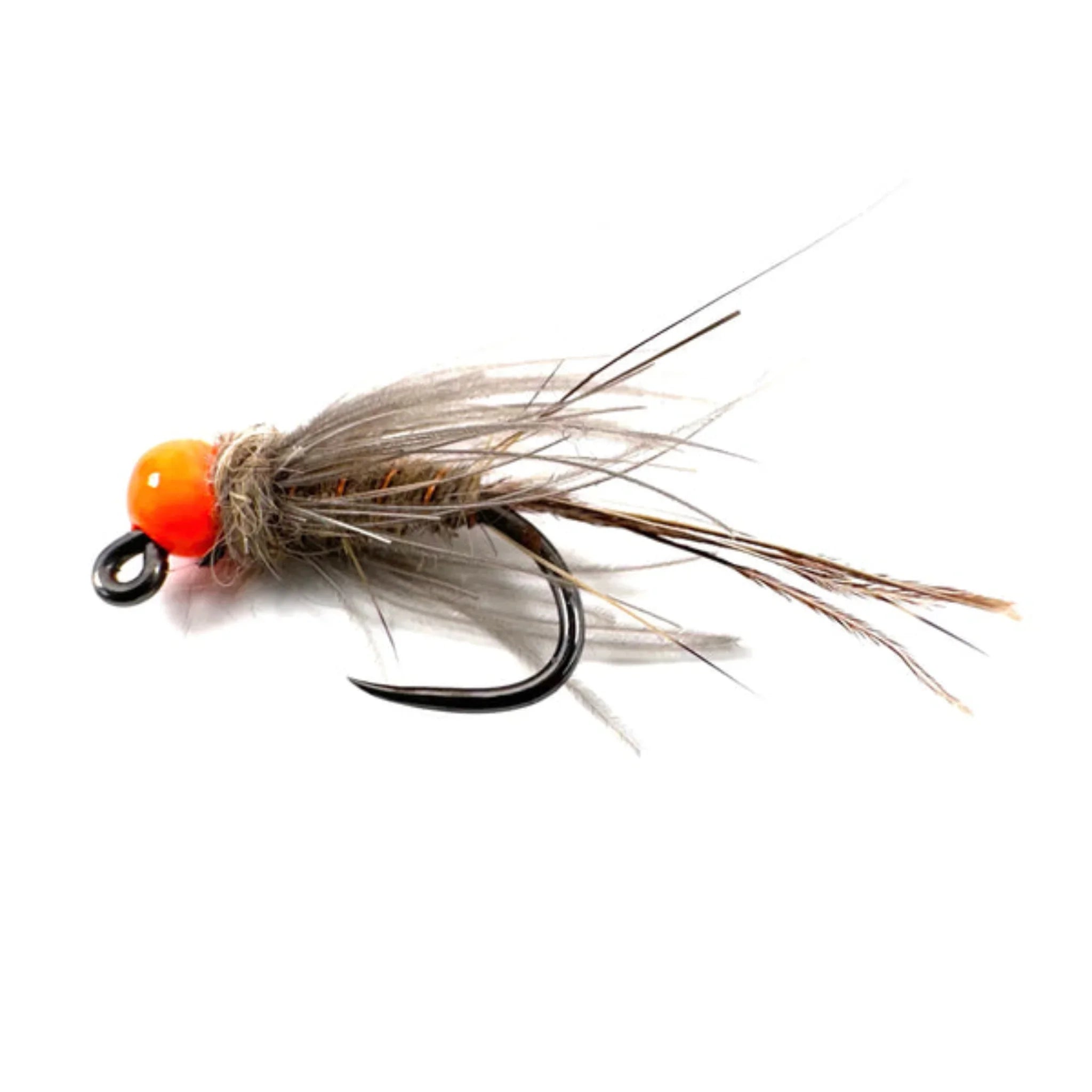Fishing fly with orange bead head, brown feathers, black hook on white background