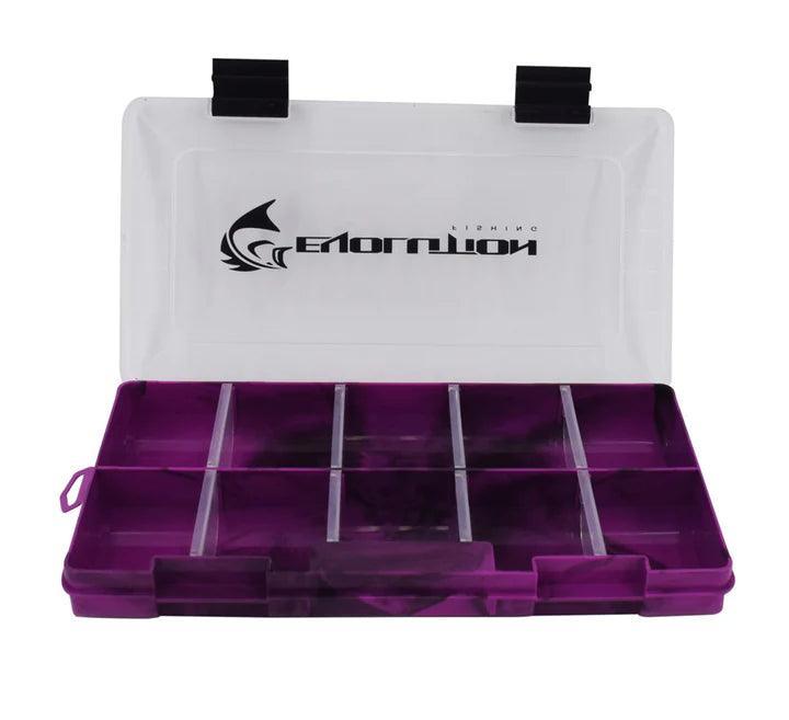 Purple Drift Series 3700 tackle tray with open clear lid and divided compartments