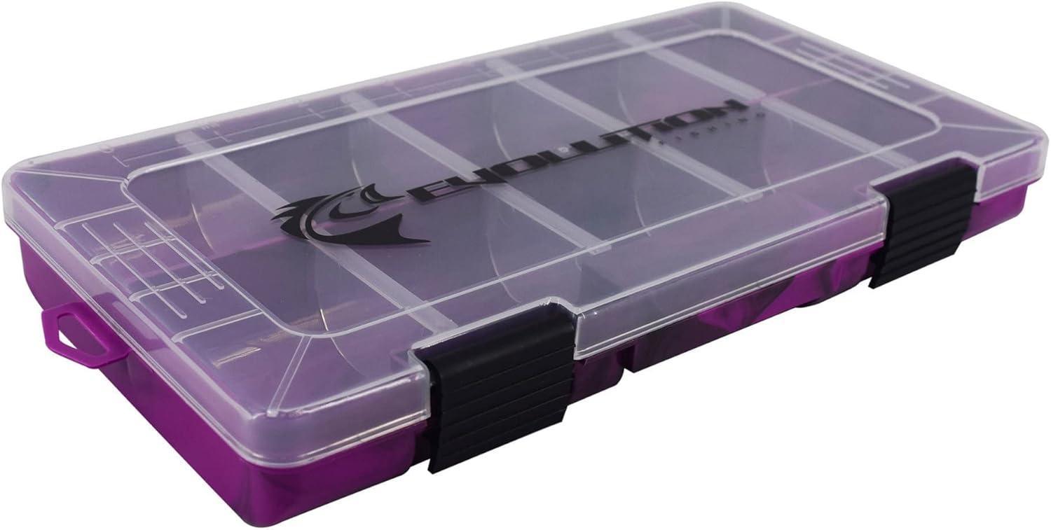 Purple plastic tackle box with clear lid and black latches, Evolution Fishing logo on top