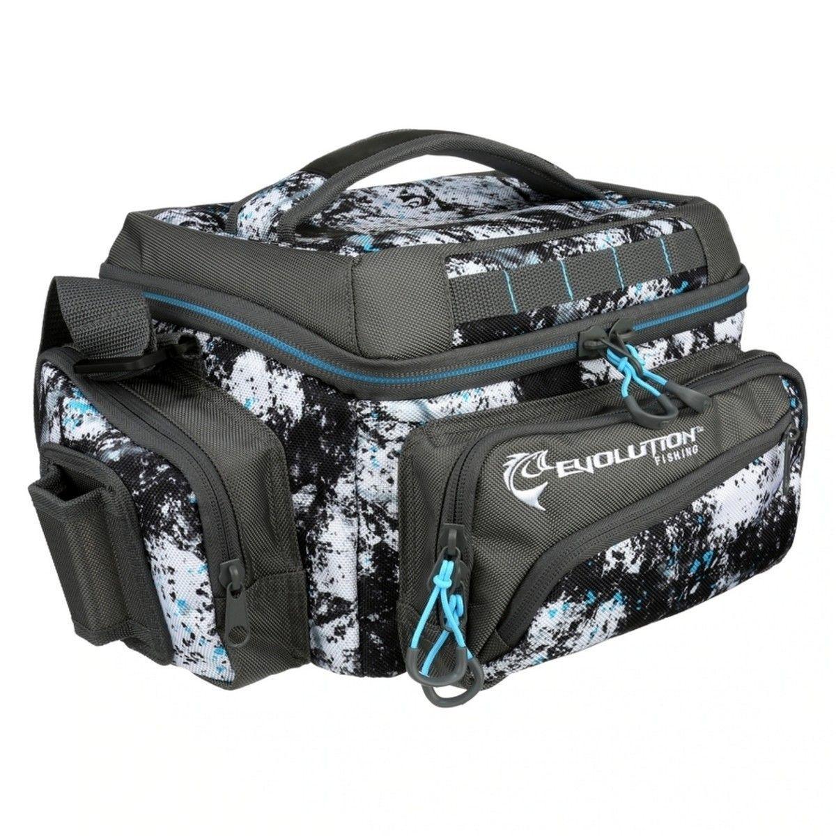 Evolution Fishing tackle bag with black and white camo pattern and multiple zippered pockets
