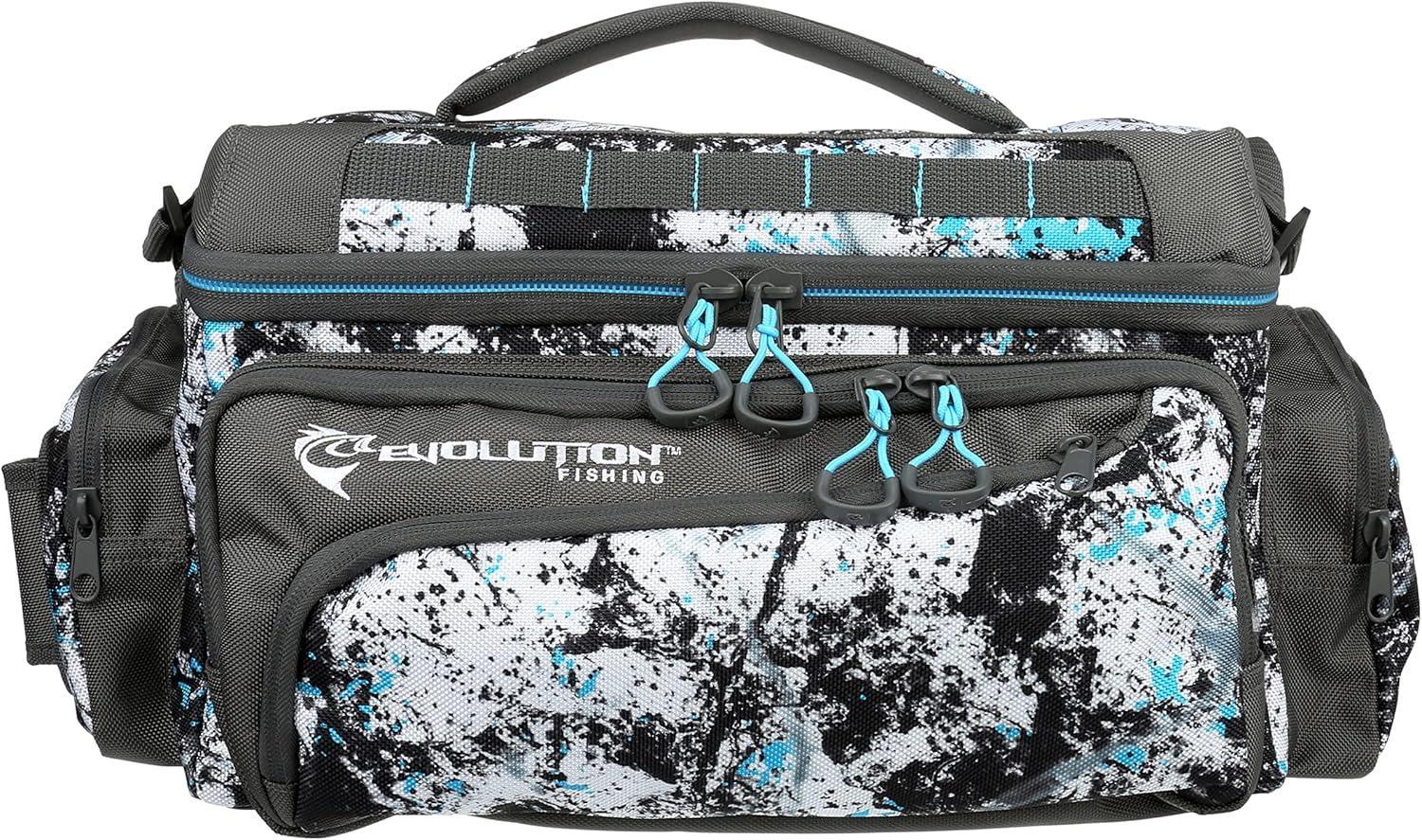Evolution Fishing tackle bag with blue, white, and black camo design, multiple zippered pockets